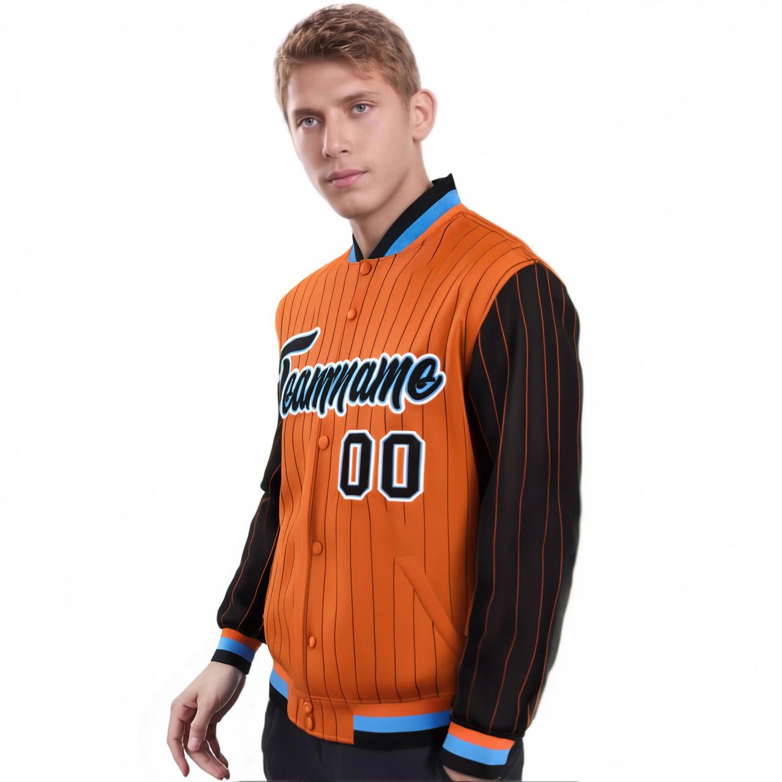 Custom Orange Black Pinstripe Powder-Blue Black Bomber Full-Snap Varsity Letterman Jacket