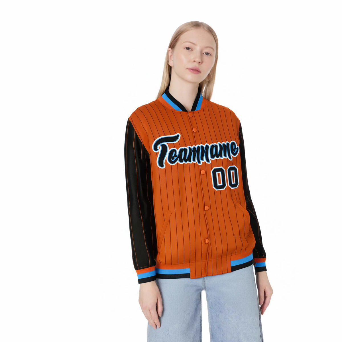 Custom Orange Black Pinstripe Powder-Blue Black Bomber Full-Snap Varsity Letterman Jacket