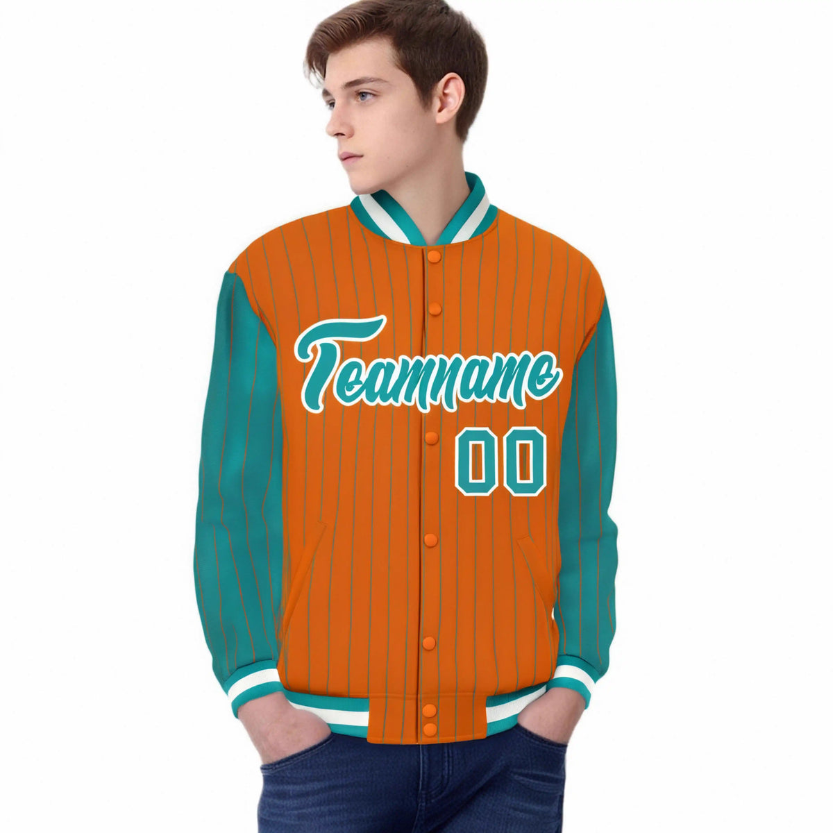 Custom Orange Aqua Pinstripe White-Aqua Bomber Full-Snap Varsity Letterman Jacket