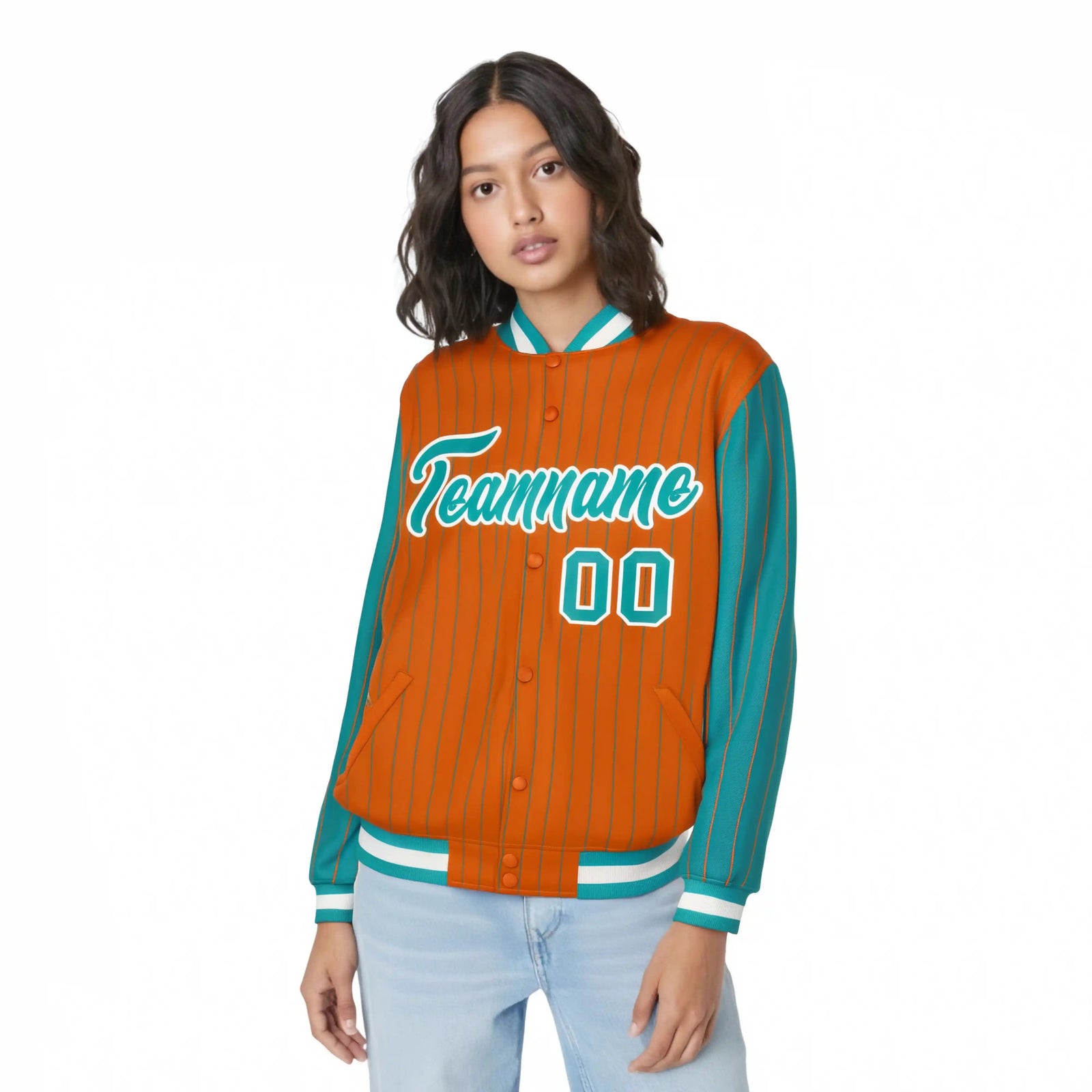 Custom Orange Aqua Pinstripe White-Aqua Bomber Full-Snap Varsity Letterman Jacket