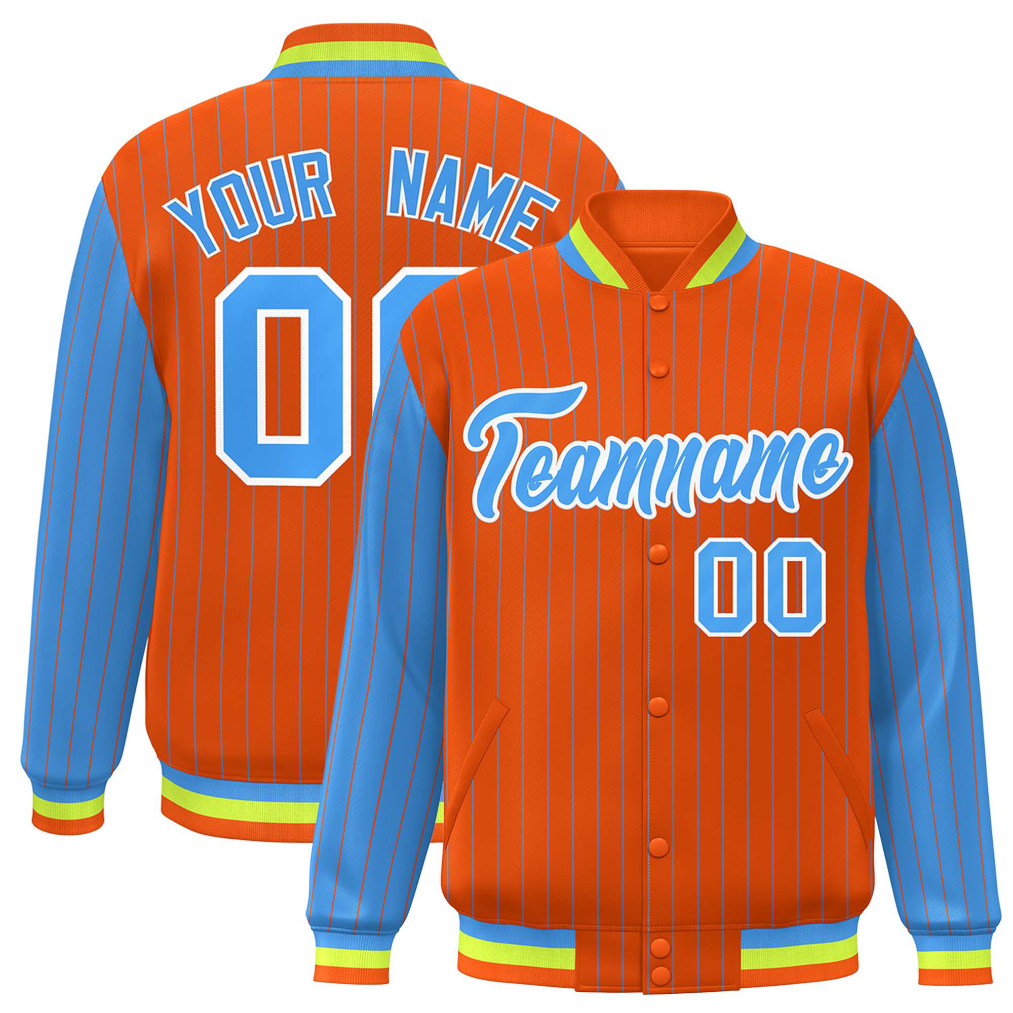 Custom Orange Powder-Blue Pinstripe White Powder-Blue Bomber Full-Snap Varsity Letterman Jacket