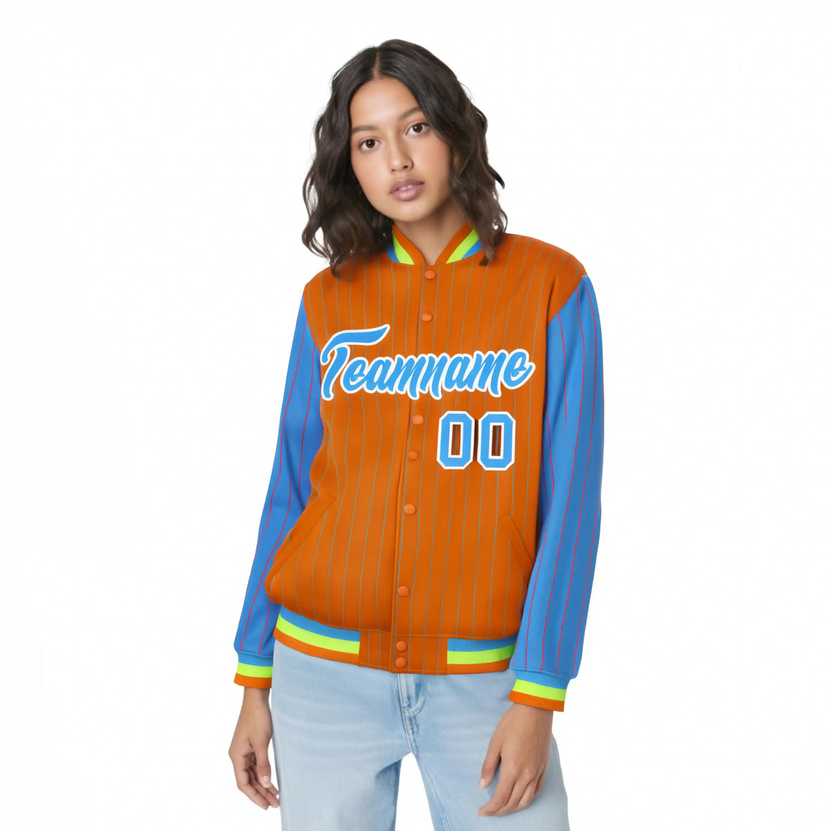 Custom Orange Powder-Blue Pinstripe White Powder-Blue Bomber Full-Snap Varsity Letterman Jacket