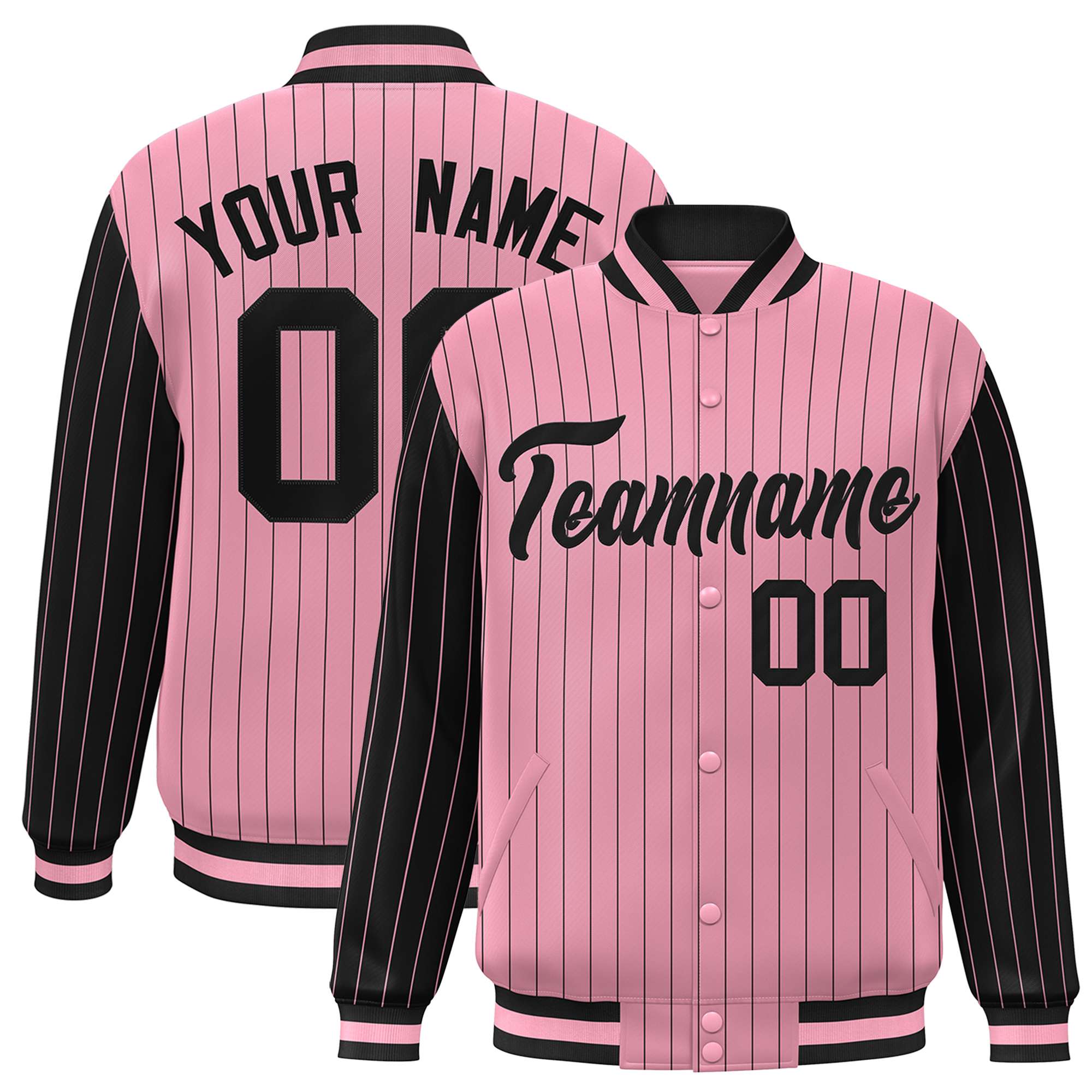 Custom Light-Pink Black Pinstripe Black Bomber Full-Snap Varsity Letterman Jacket