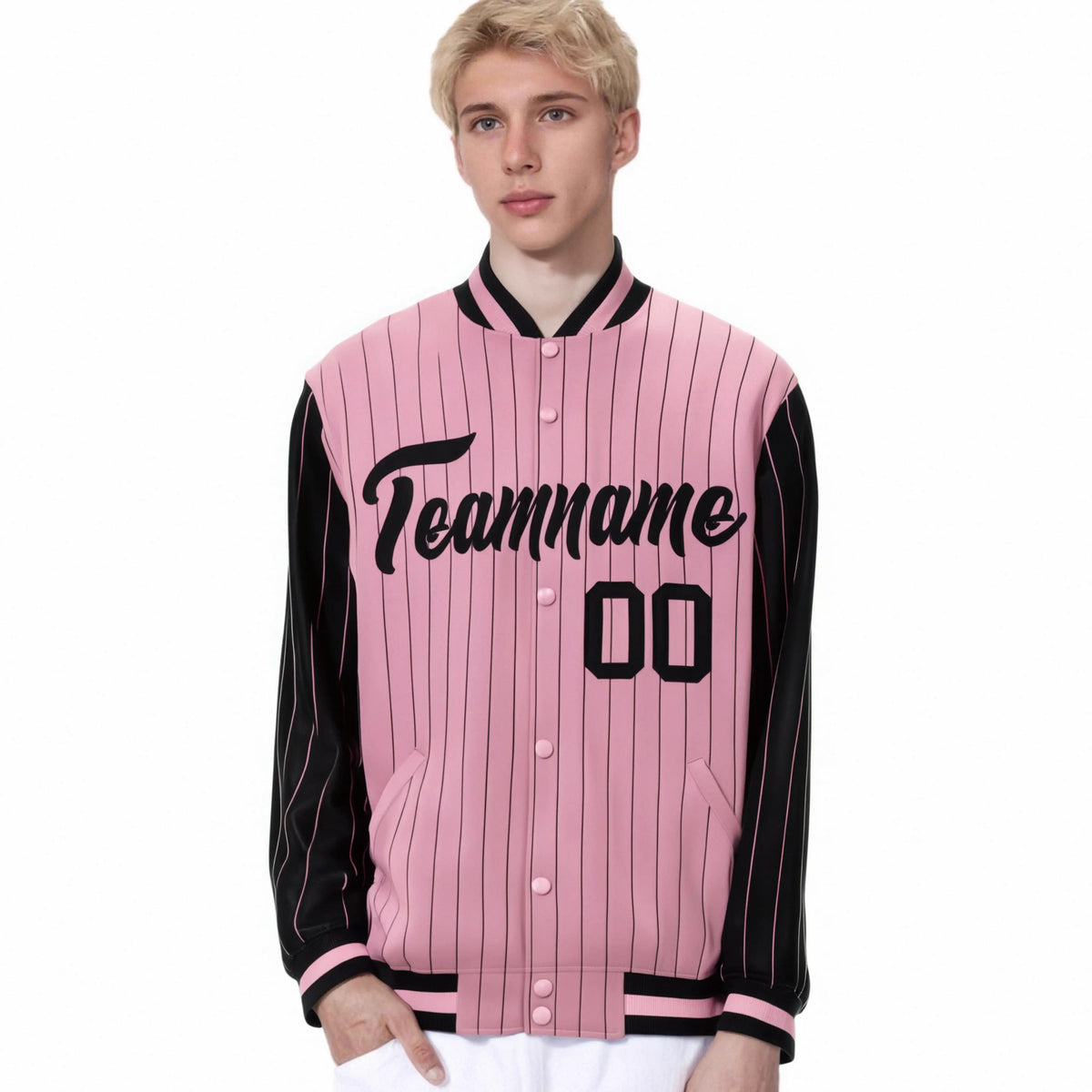 Custom Light-Pink Black Pinstripe Black Bomber Full-Snap Varsity Letterman Jacket