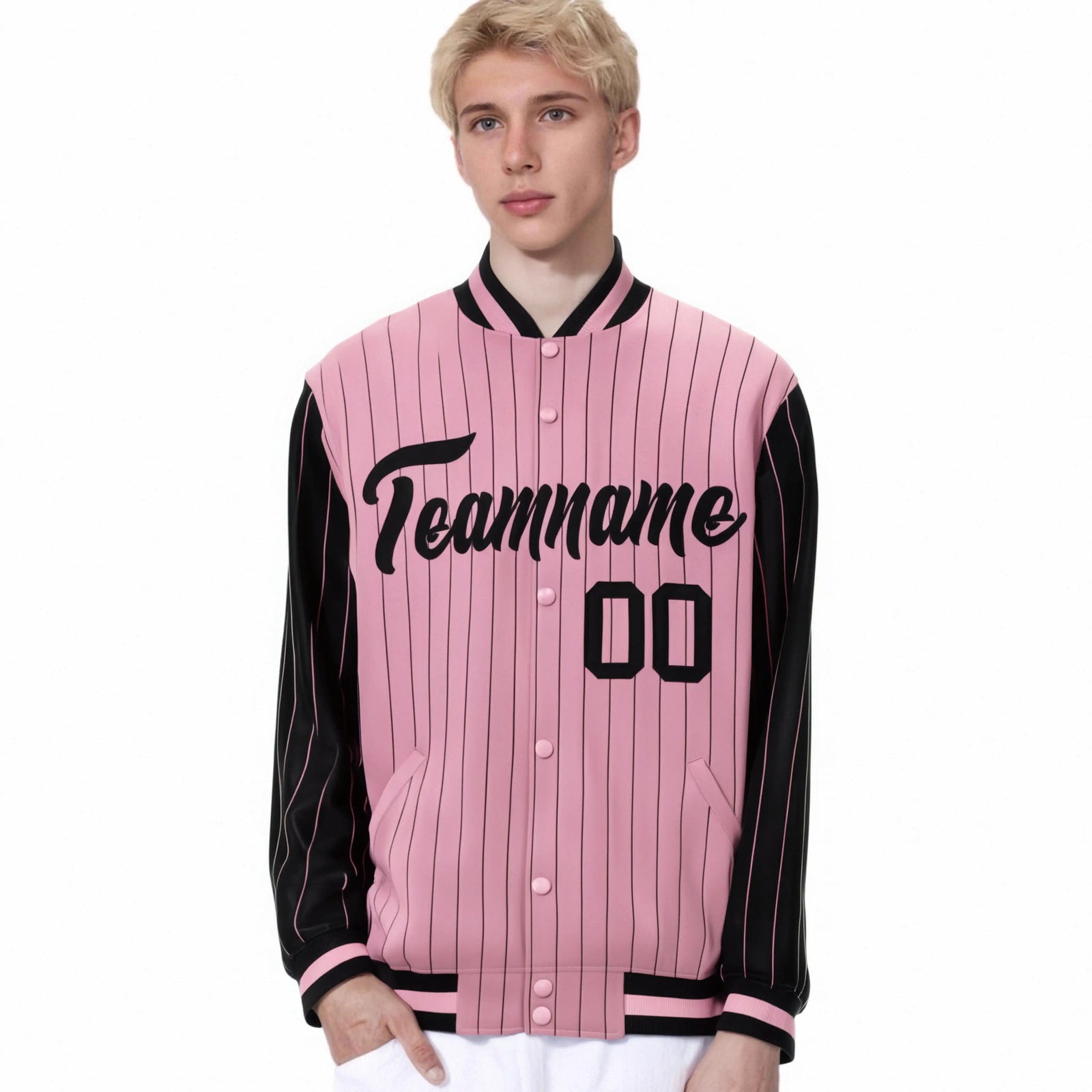 Custom Light-Pink Black Pinstripe Black Bomber Full-Snap Varsity Letterman Jacket