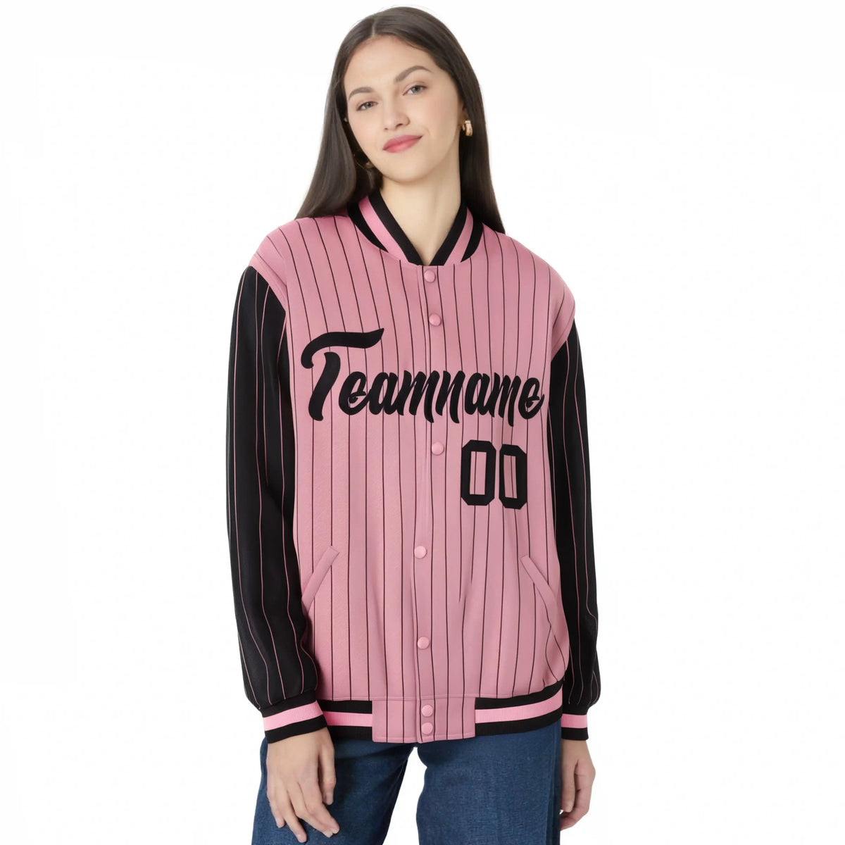 Custom Light-Pink Black Pinstripe Black Bomber Full-Snap Varsity Letterman Jacket