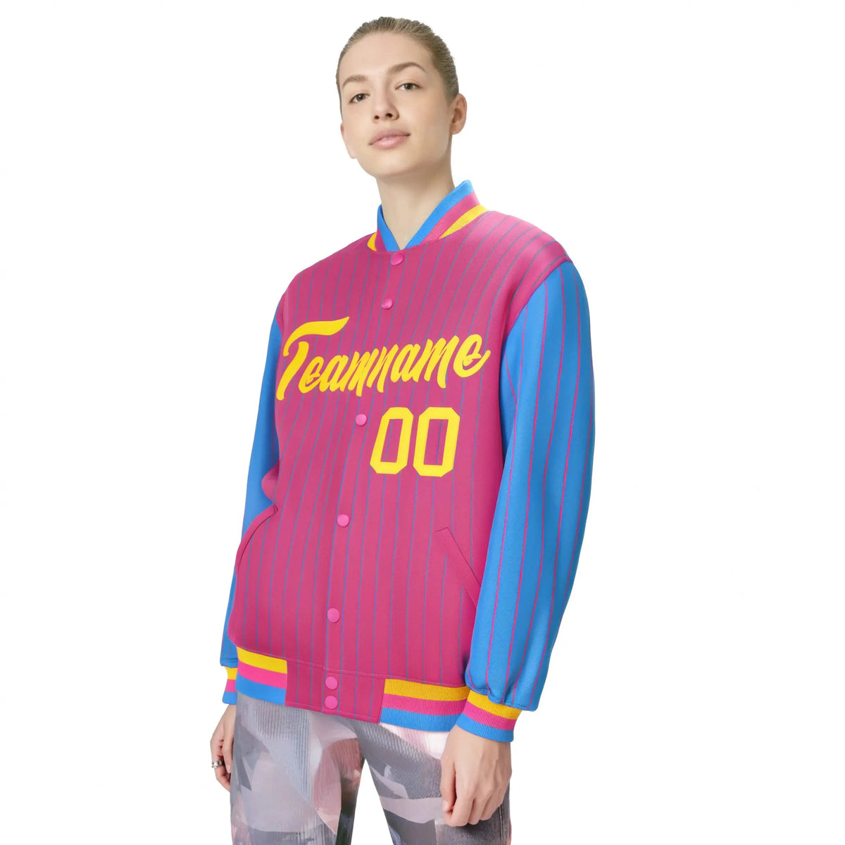 Custom Pink Powder-Blue Pinstripe Gold Bomber Full-Snap Varsity Letterman Jacket