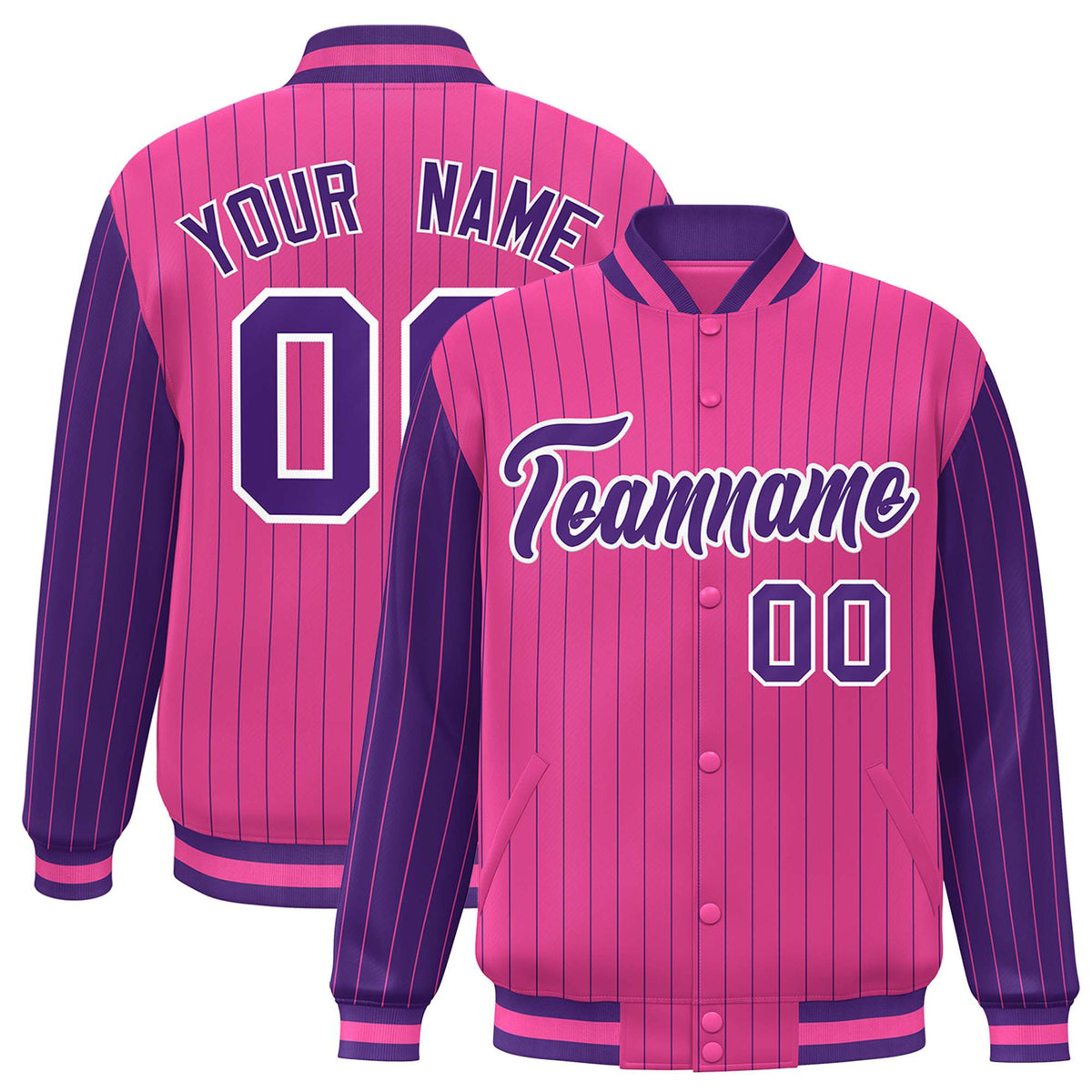 Custom Pink Purple Pinstripe White-Purple Bomber Full-Snap Varsity Letterman Jacket