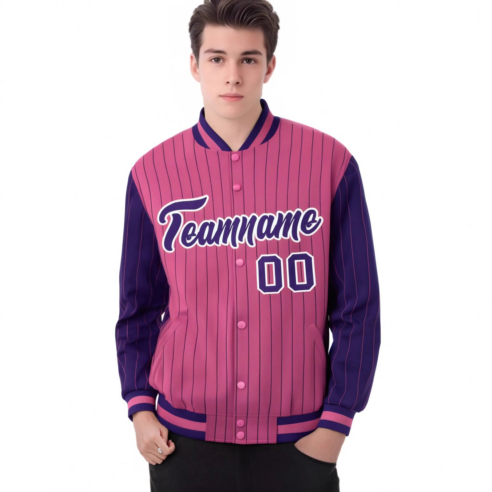Custom Pink Purple Pinstripe White-Purple Bomber Full-Snap Varsity Letterman Jacket