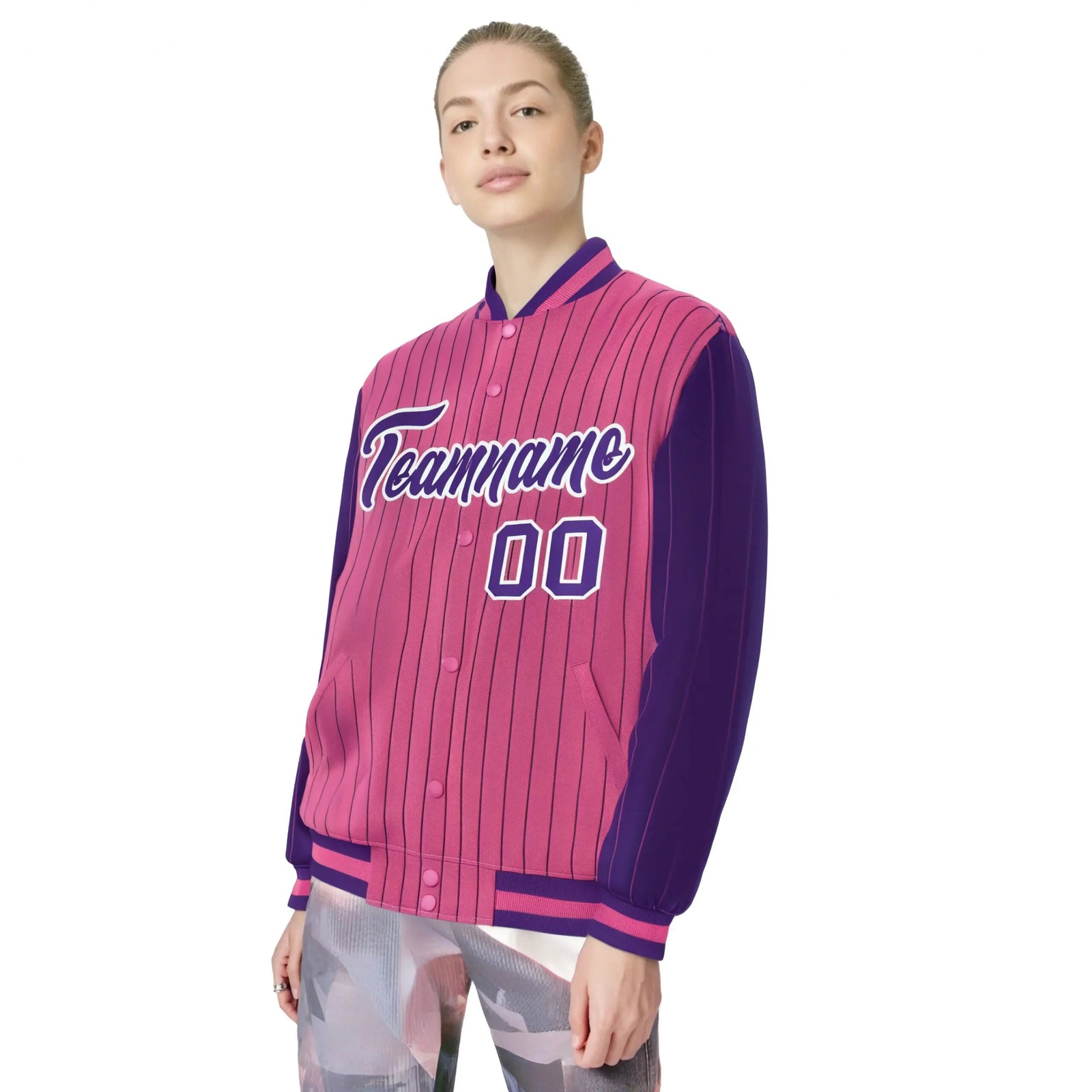 Custom Pink Purple Pinstripe White-Purple Bomber Full-Snap Varsity Letterman Jacket