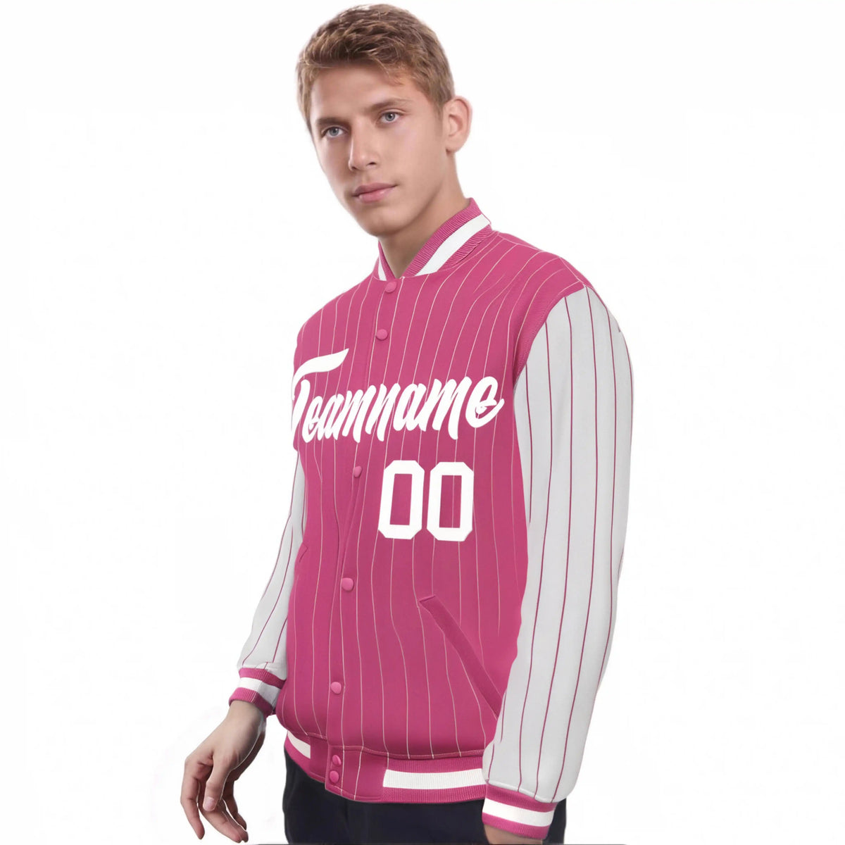 Custom Pink White Pinstripe White Bomber Full-Snap Varsity Letterman Jacket