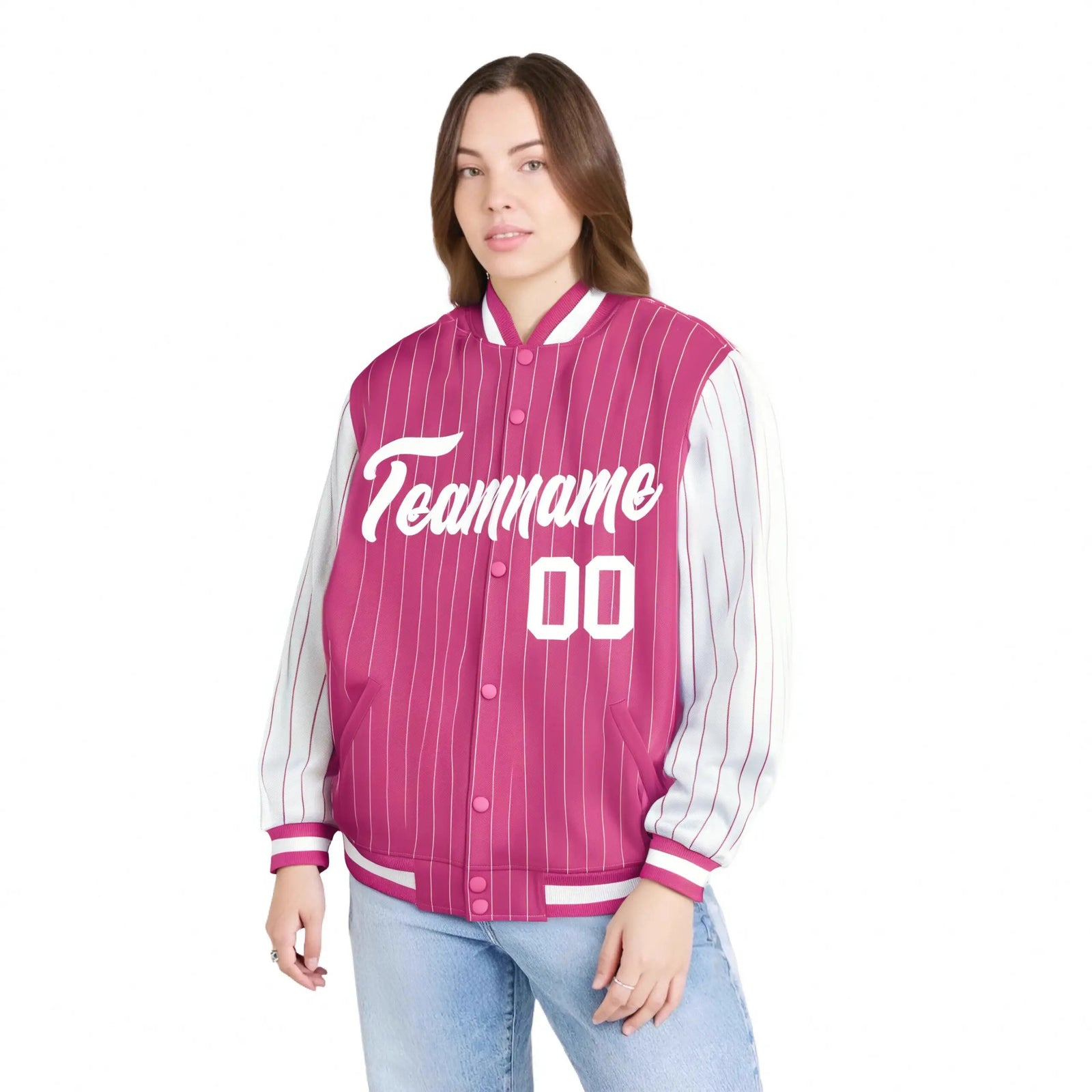 Custom Pink White Pinstripe White Bomber Full-Snap Varsity Letterman Jacket