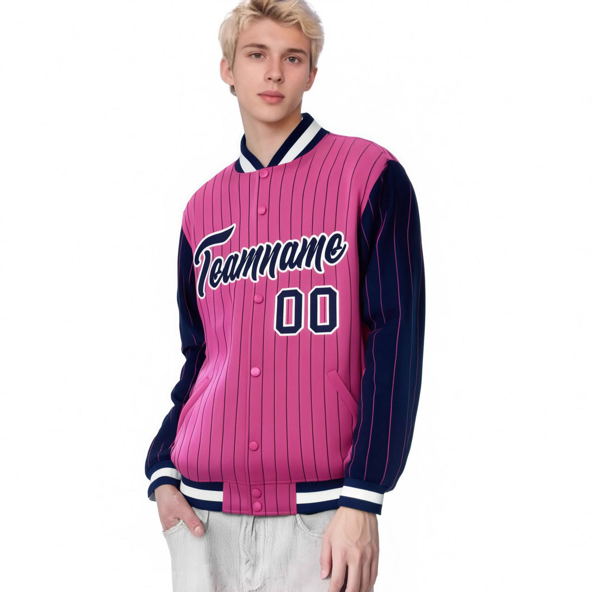 Custom Pink Navy Pinstripe White-Navy Bomber Full-Snap Varsity Letterman Jacket