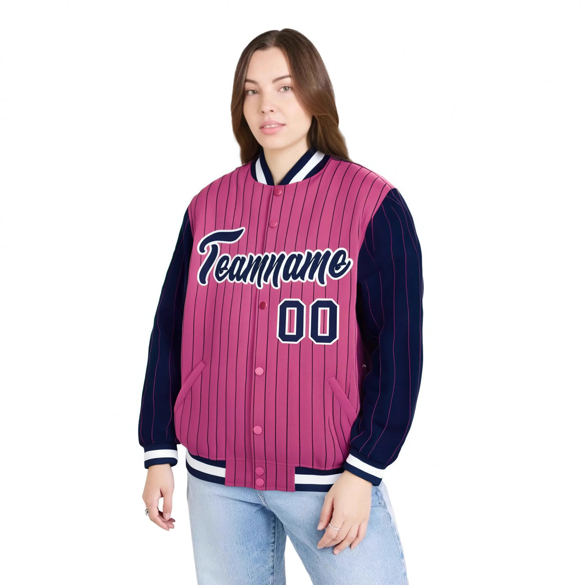 Custom Pink Navy Pinstripe White-Navy Bomber Full-Snap Varsity Letterman Jacket