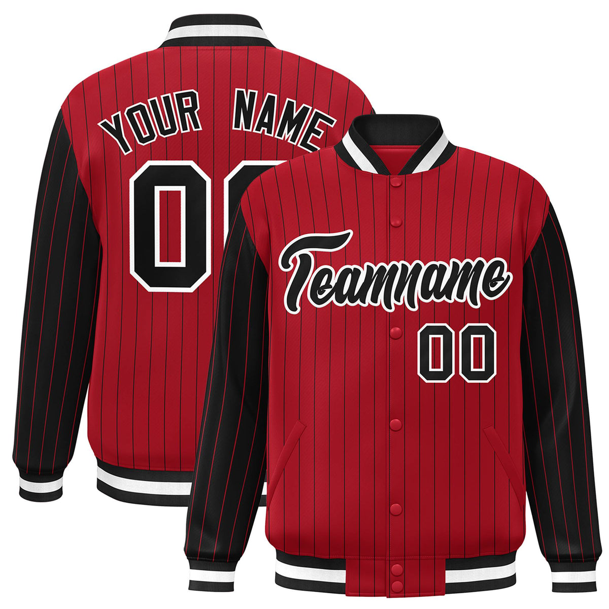 Custom Red Black Pinstripe White-Black Bomber Full-Snap Varsity Letterman Jacket