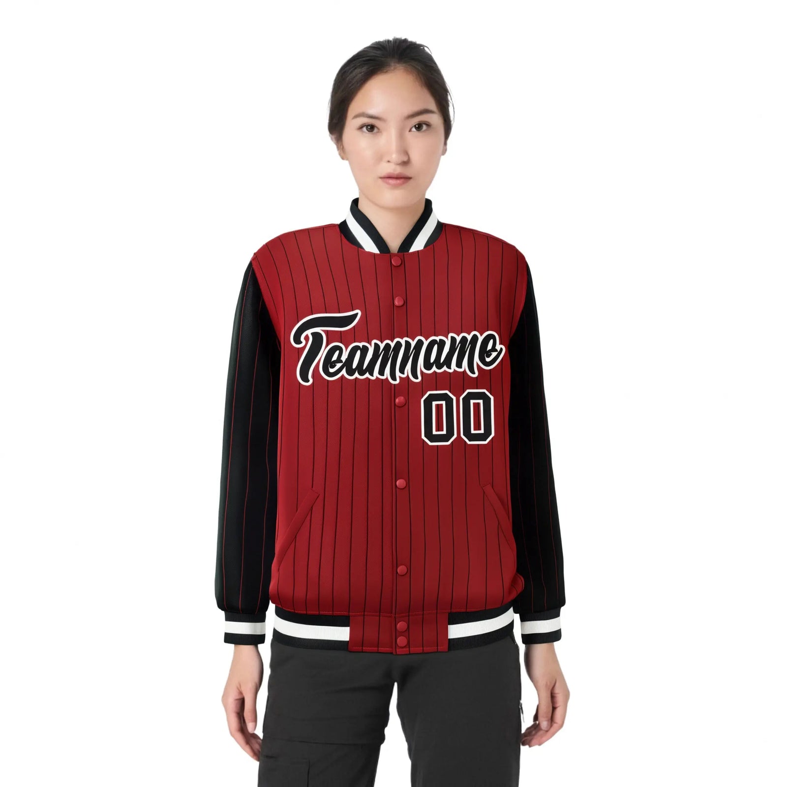 Custom Red Black Pinstripe White-Black Bomber Full-Snap Varsity Letterman Jacket