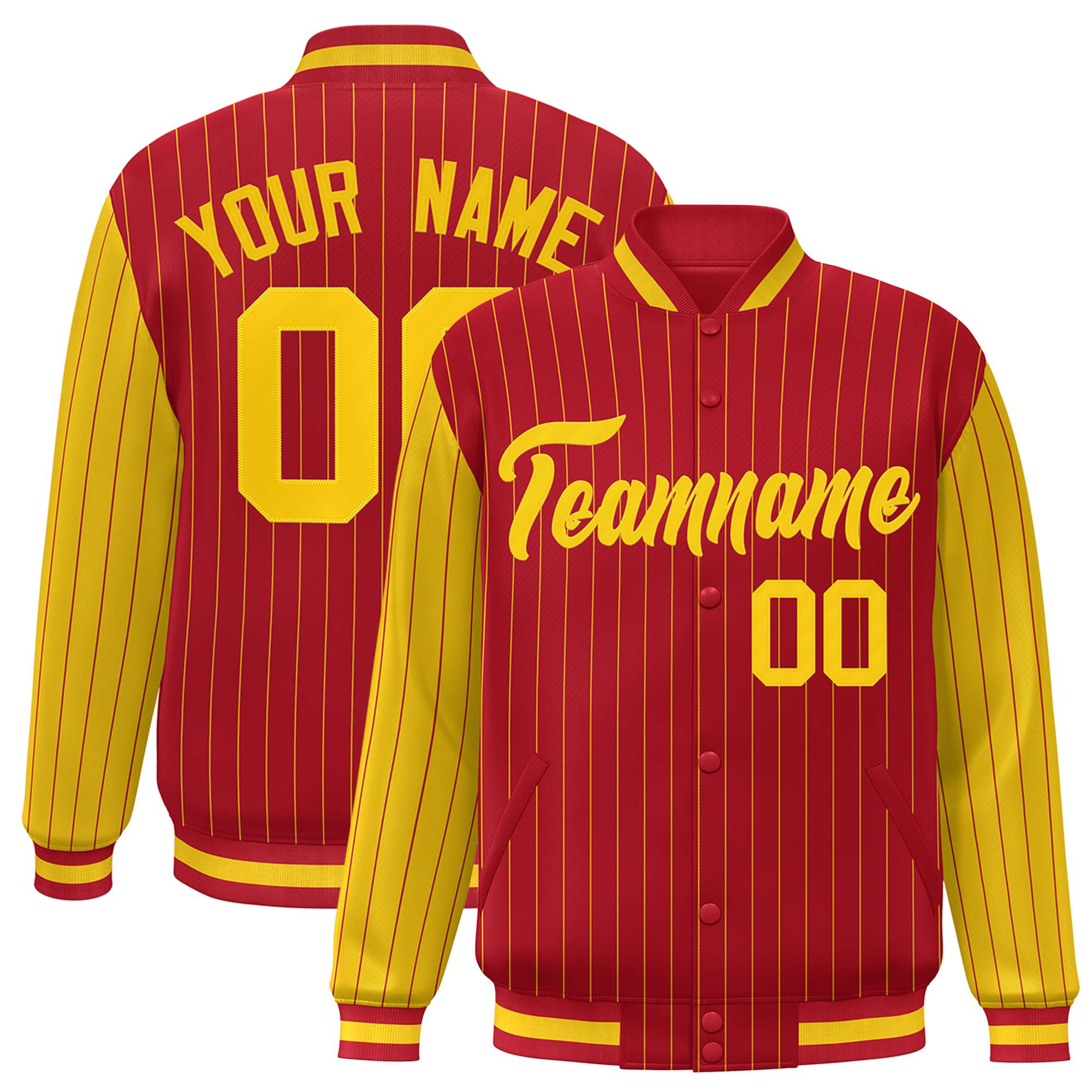 Custom Red Gold Pinstripe Gold Bomber Full-Snap Varsity Letterman Jacket