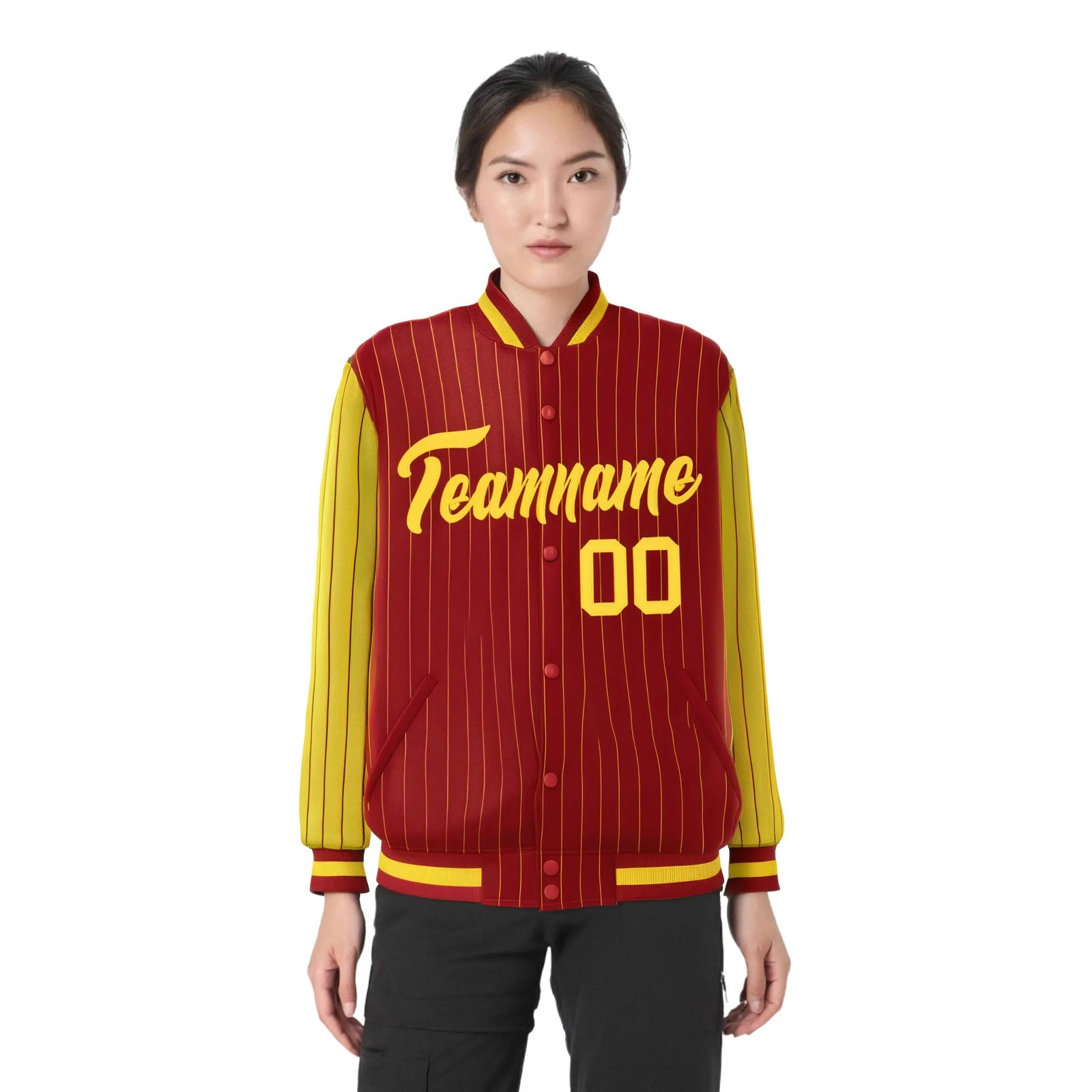Custom Red Gold Pinstripe Gold Bomber Full-Snap Varsity Letterman Jacket