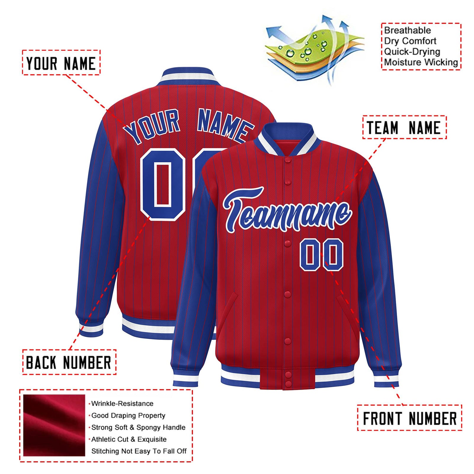 Custom Red Royal-Blue Pinstripe White Royal-Blue Bomber Full-Snap Varsity Letterman Jacket