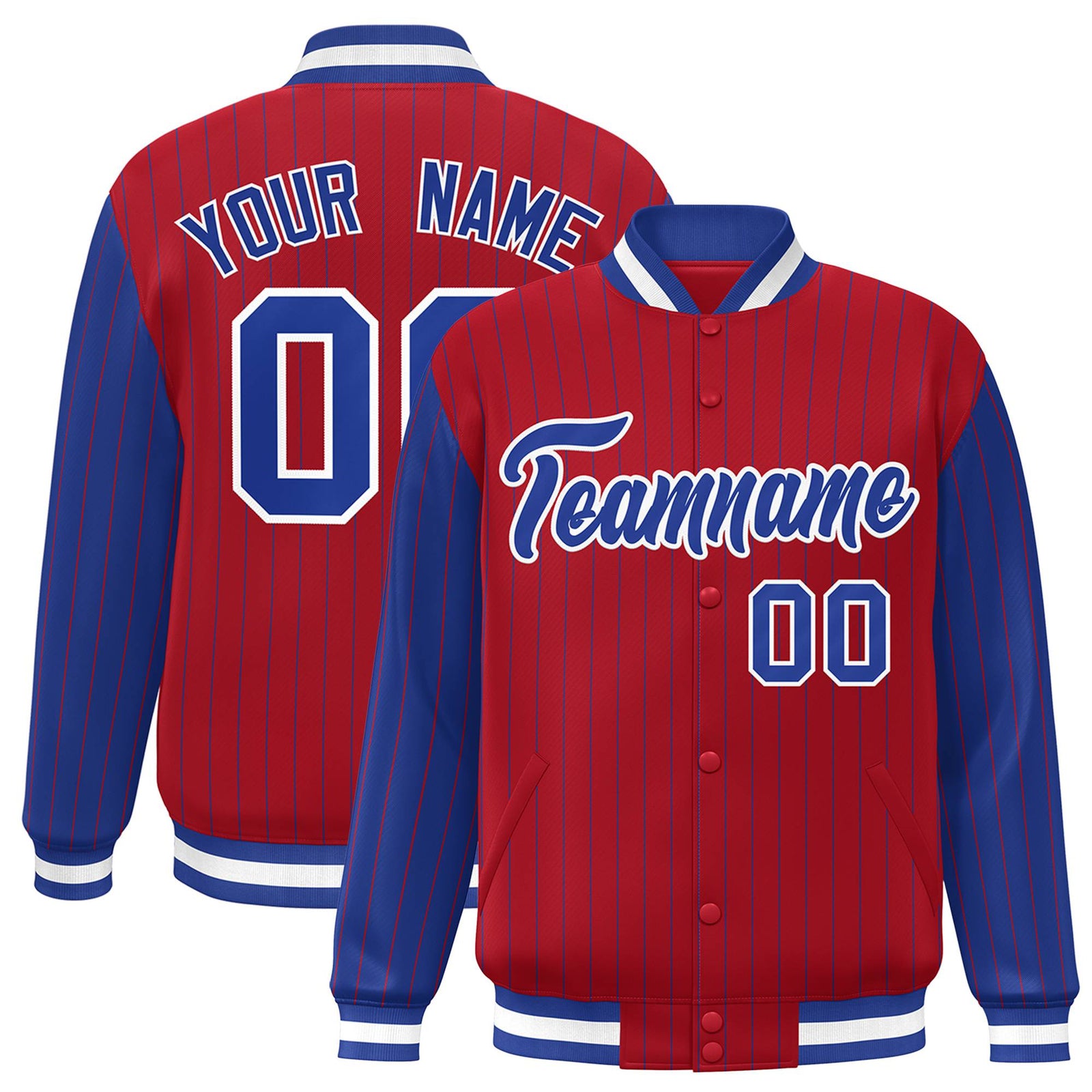 Custom Red Royal-Blue Pinstripe White Royal-Blue Bomber Full-Snap Varsity Letterman Jacket