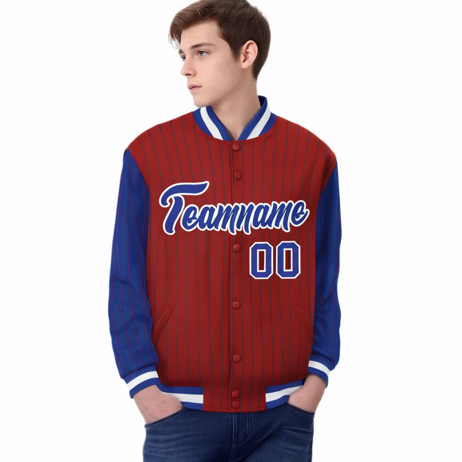 Custom Red Royal-Blue Pinstripe White Royal-Blue Bomber Full-Snap Varsity Letterman Jacket