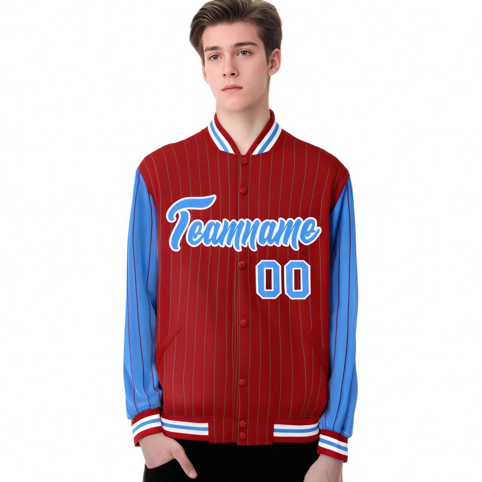 Custom Red Powder-Blue Pinstripe White Powder-Blue Bomber Full-Snap Varsity Letterman Jacket