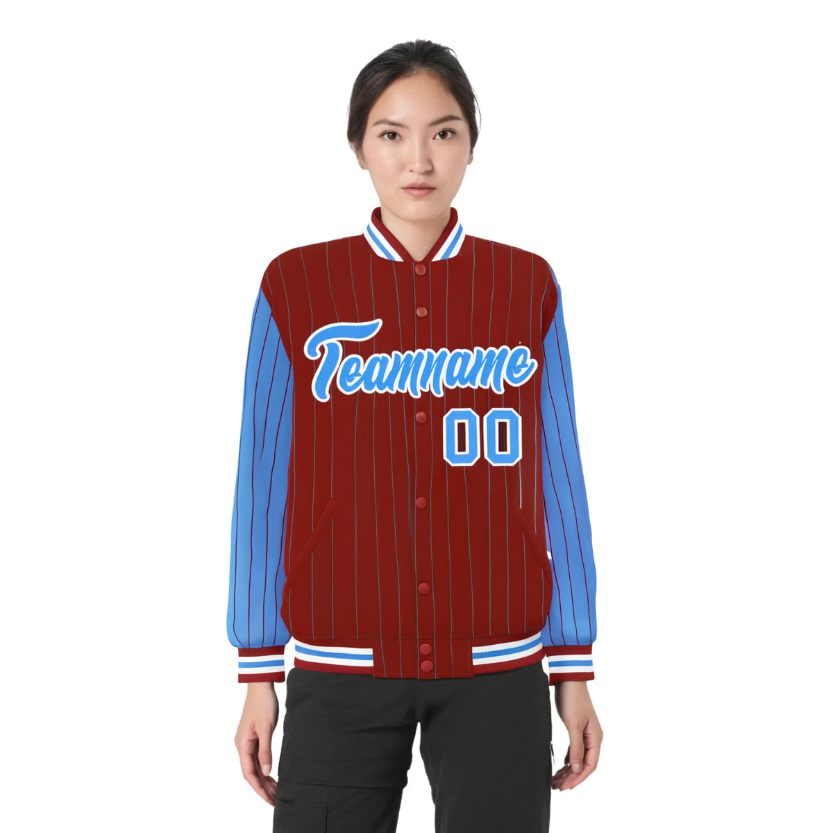 Custom Red Powder-Blue Pinstripe White Powder-Blue Bomber Full-Snap Varsity Letterman Jacket