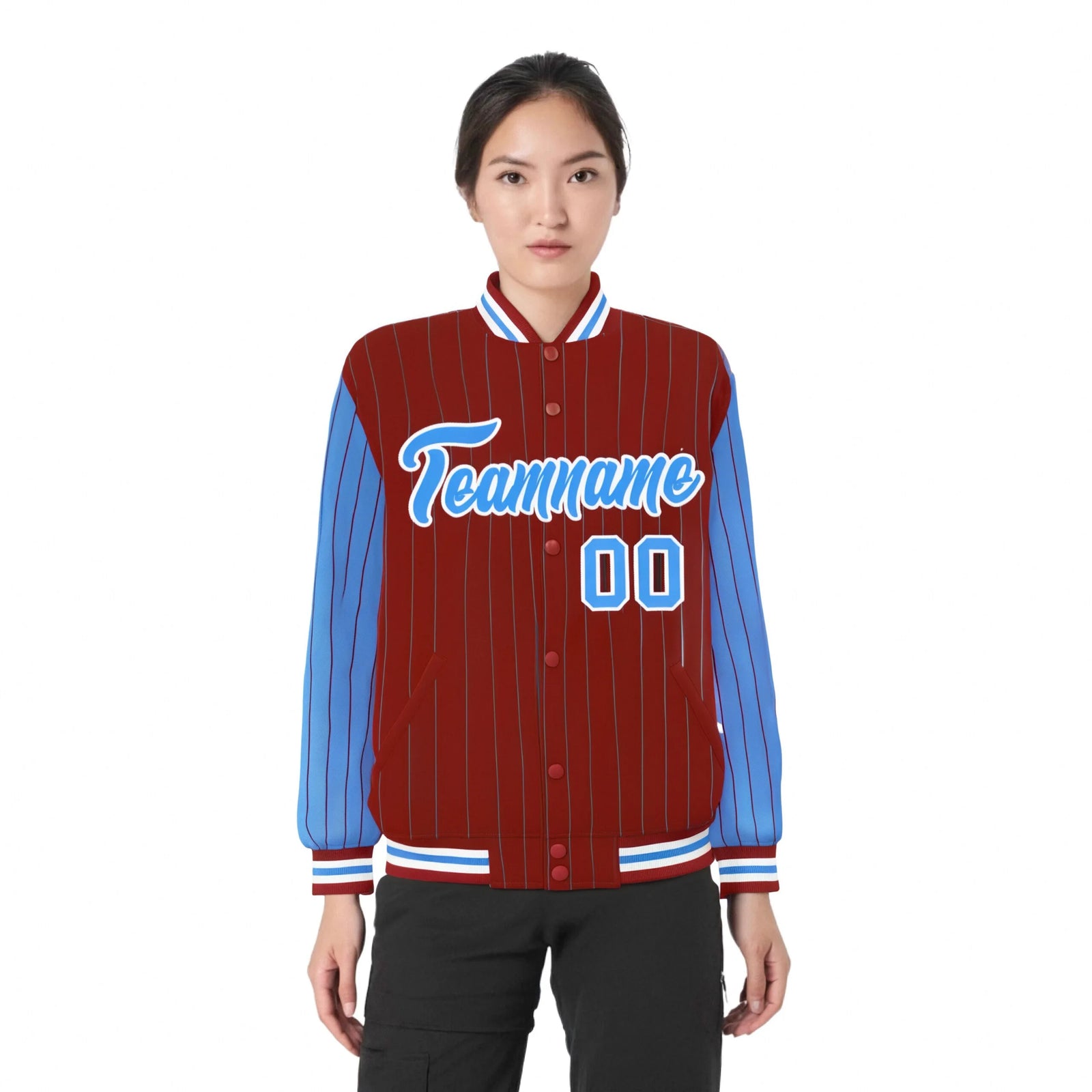Custom Red Powder-Blue Pinstripe White Powder-Blue Bomber Full-Snap Varsity Letterman Jacket