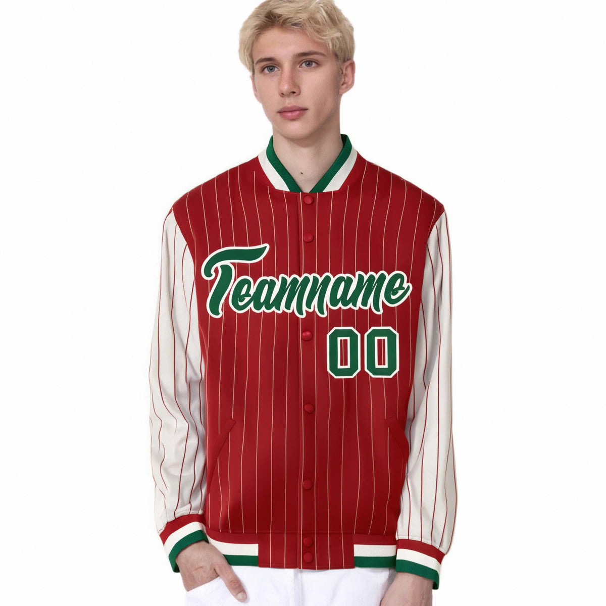 Custom Red Cream Pinstripe Cream-Green Bomber Full-Snap Varsity Letterman Jacket