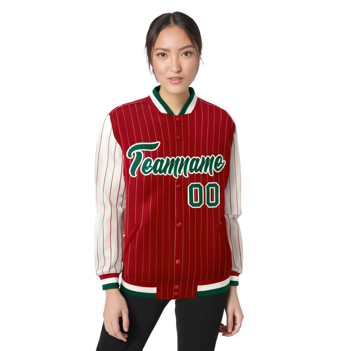 Custom Red Cream Pinstripe Cream-Green Bomber Full-Snap Varsity Letterman Jacket