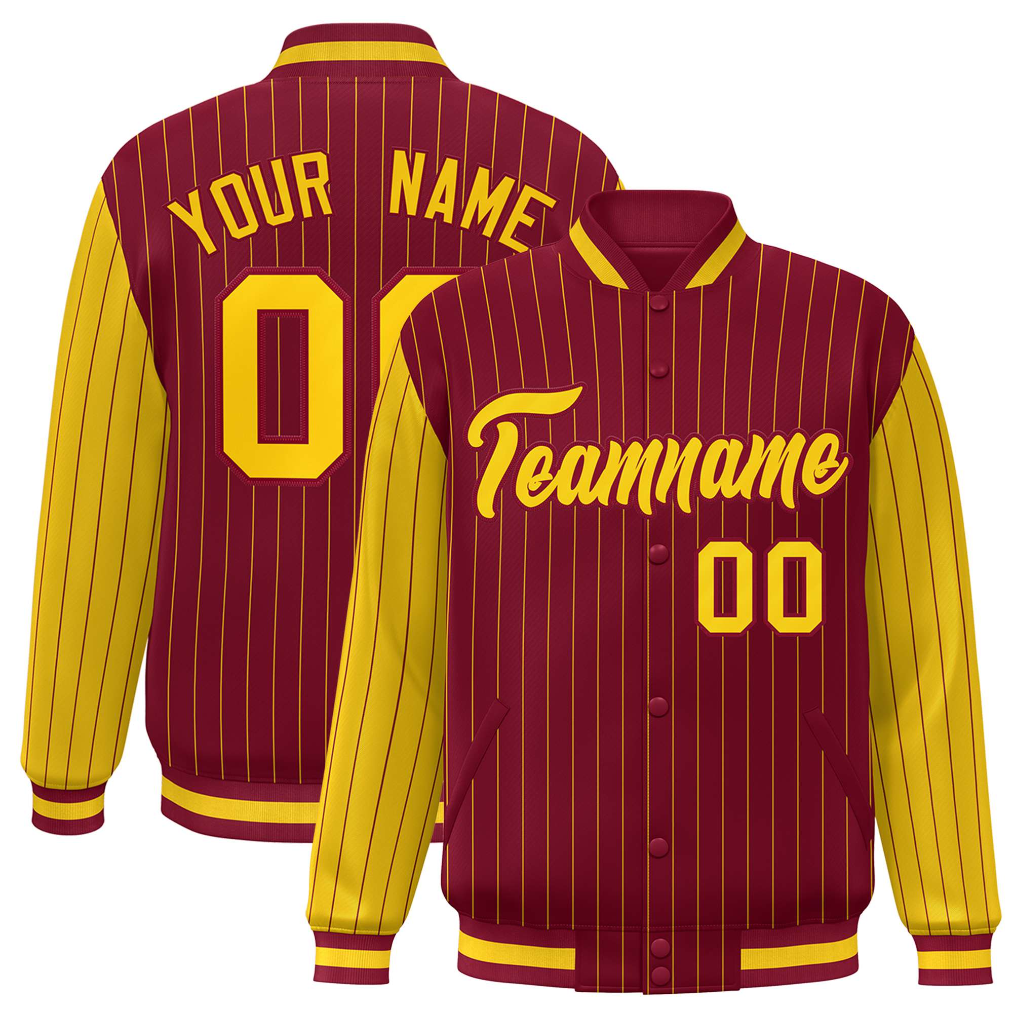 Custom Crimson Gold Pinstripe Gold Bomber Full-Snap Varsity Letterman Jacket