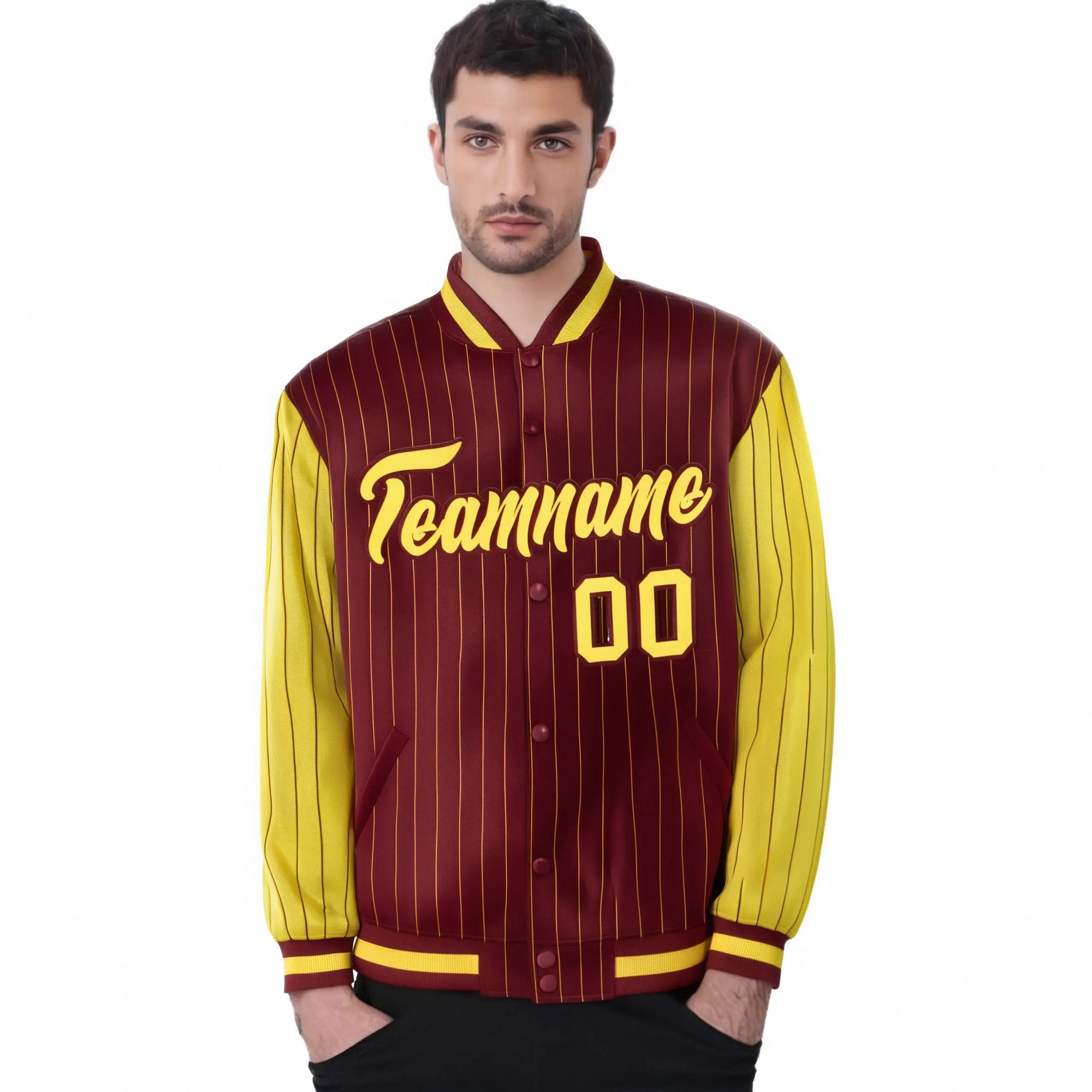 Custom Crimson Gold Pinstripe Gold Bomber Full-Snap Varsity Letterman Jacket