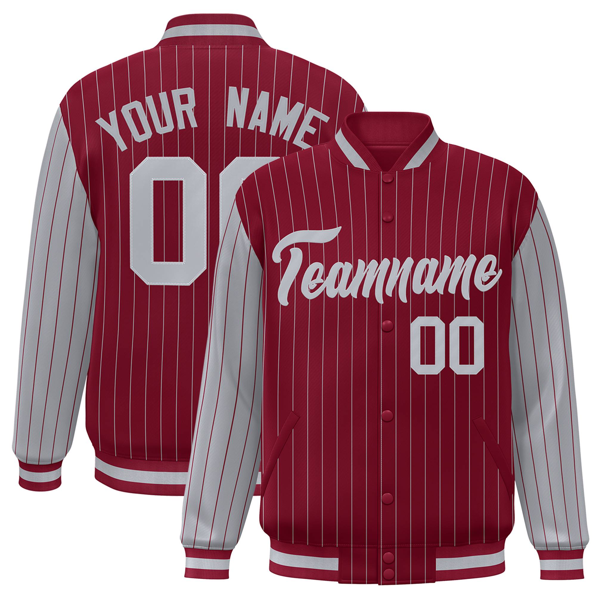 Custom Crimson Gray Pinstripe Gray Bomber Full-Snap Varsity Letterman Jacket