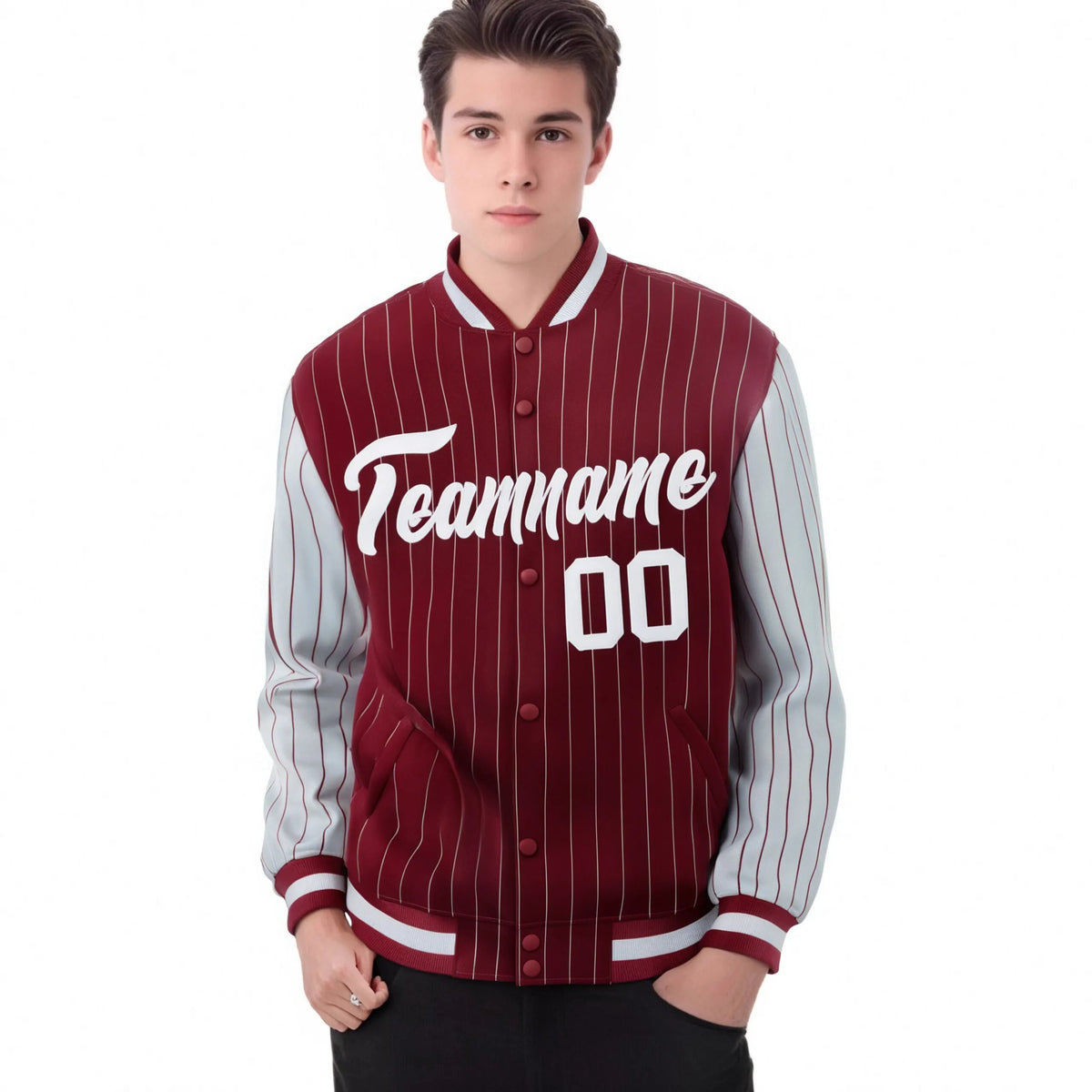 Custom Crimson Gray Pinstripe Gray Bomber Full-Snap Varsity Letterman Jacket