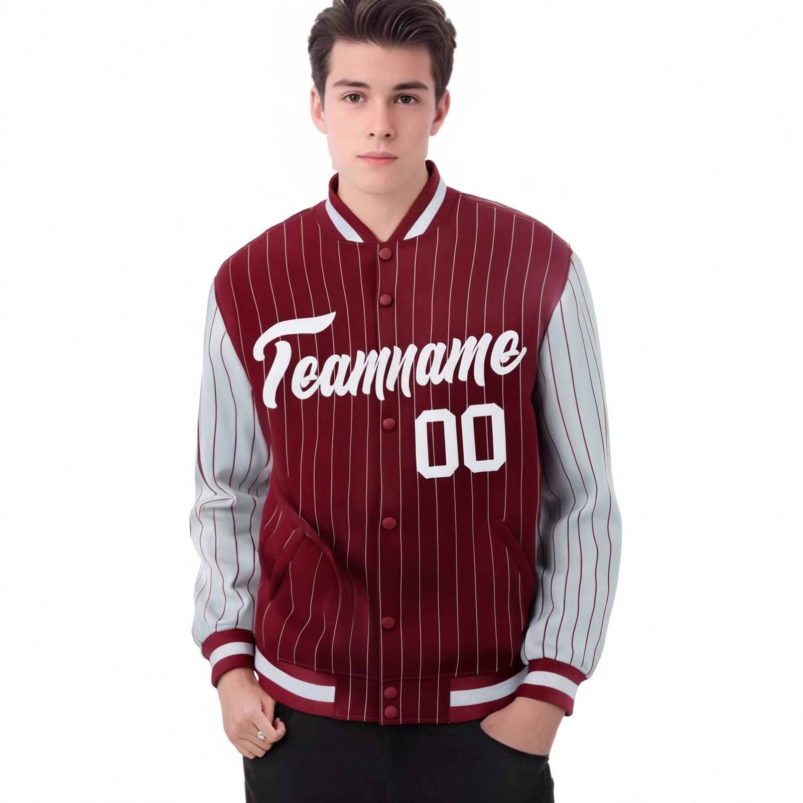 Custom Crimson Gray Pinstripe Gray Bomber Full-Snap Varsity Letterman Jacket