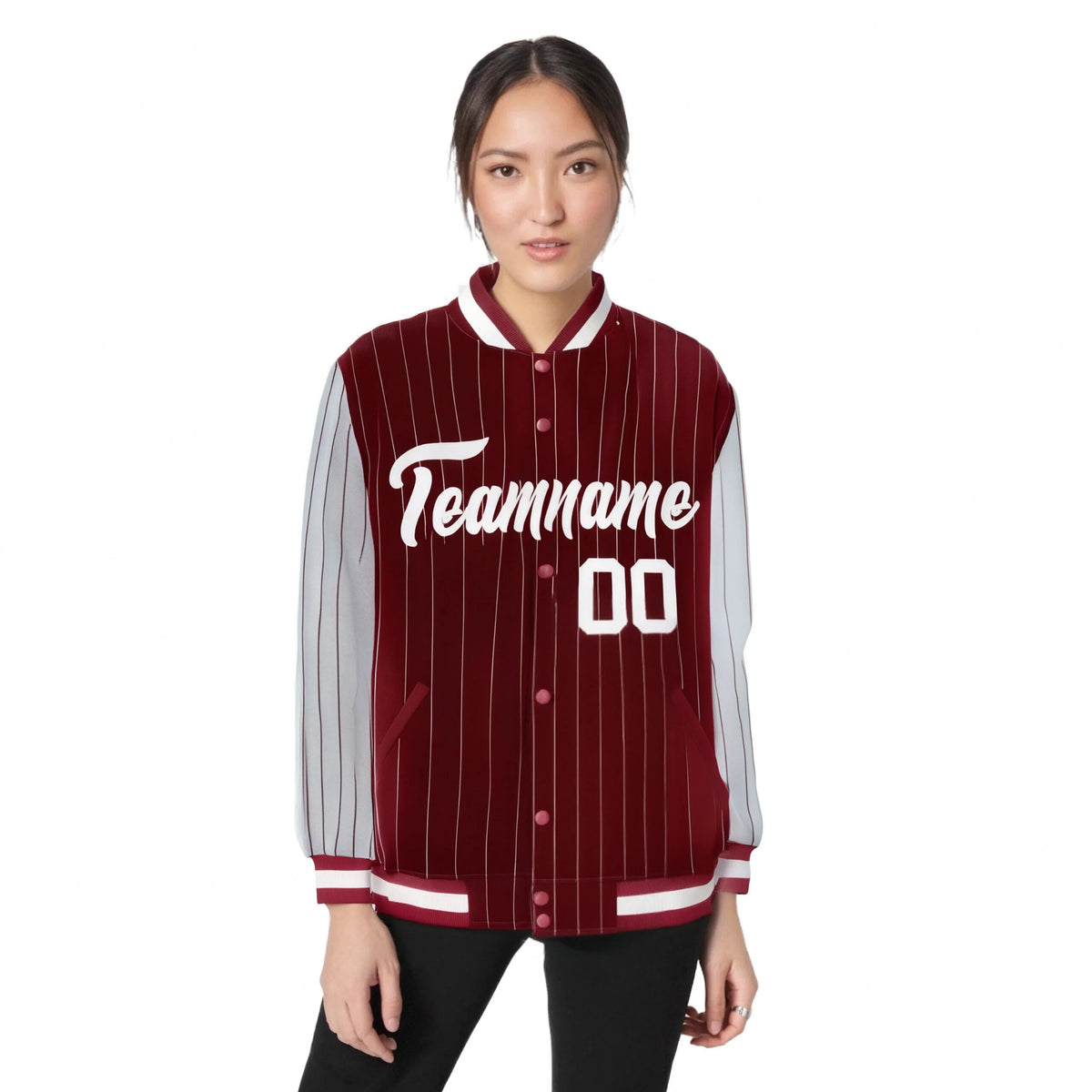 Custom Crimson Gray Pinstripe Gray Bomber Full-Snap Varsity Letterman Jacket