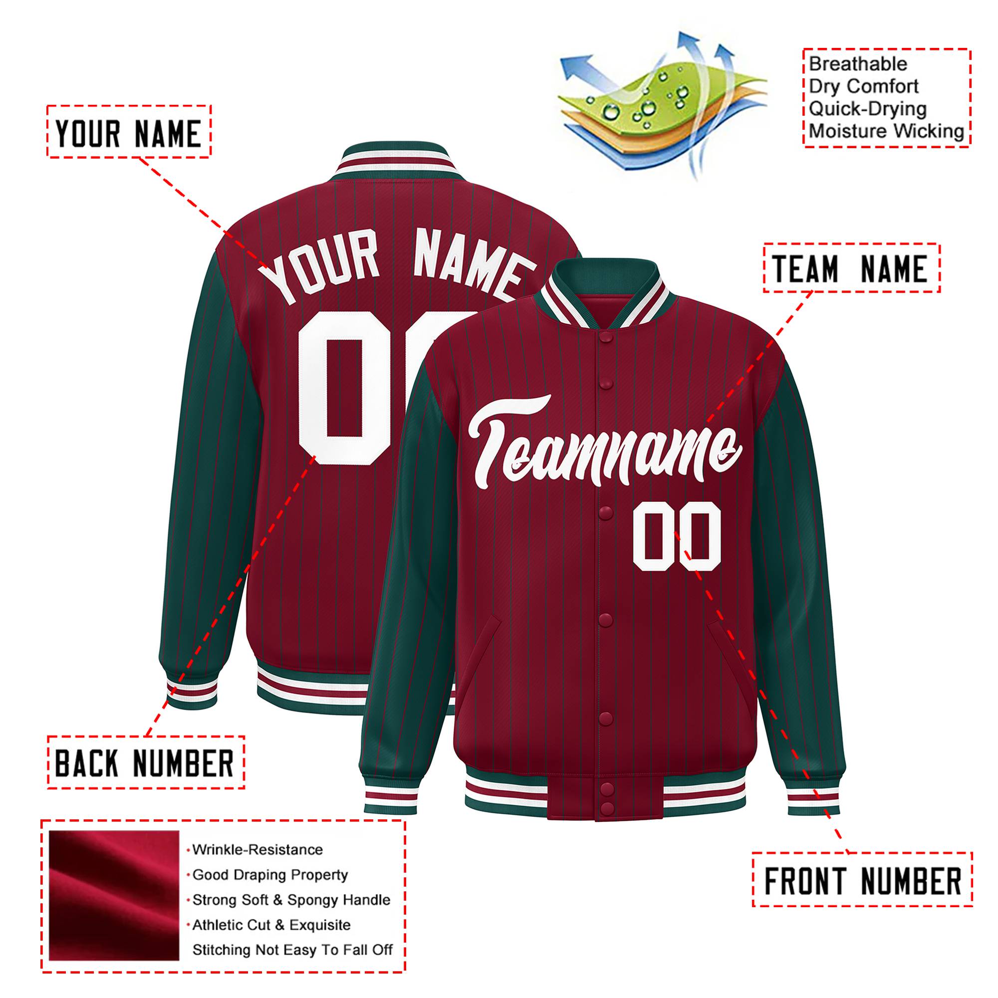 Custom Crimson-Green Pinstripe White Bomber Full-Snap Varsity Letterman Jacket