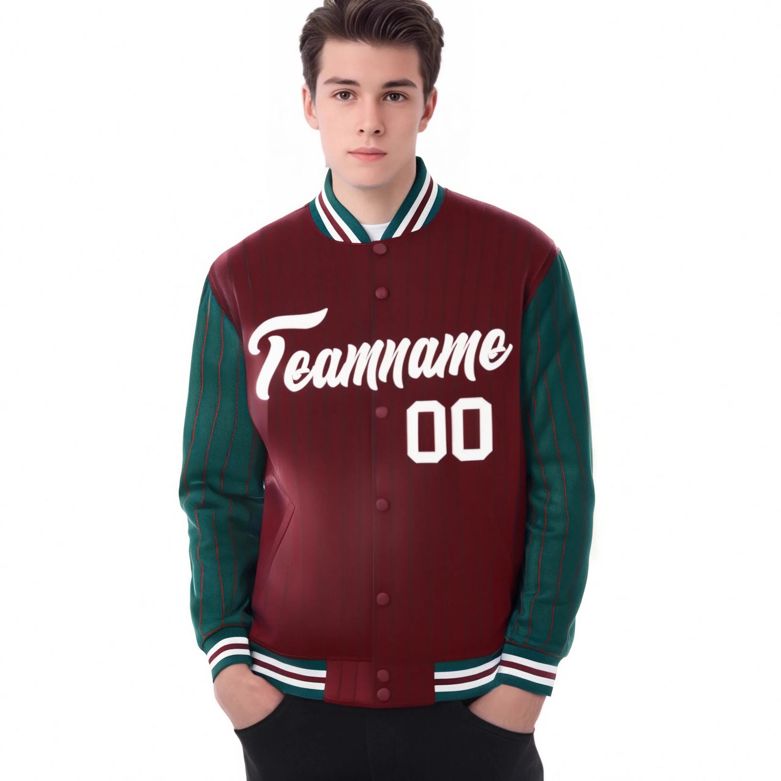 Custom Crimson-Green Pinstripe White Bomber Full-Snap Varsity Letterman Jacket
