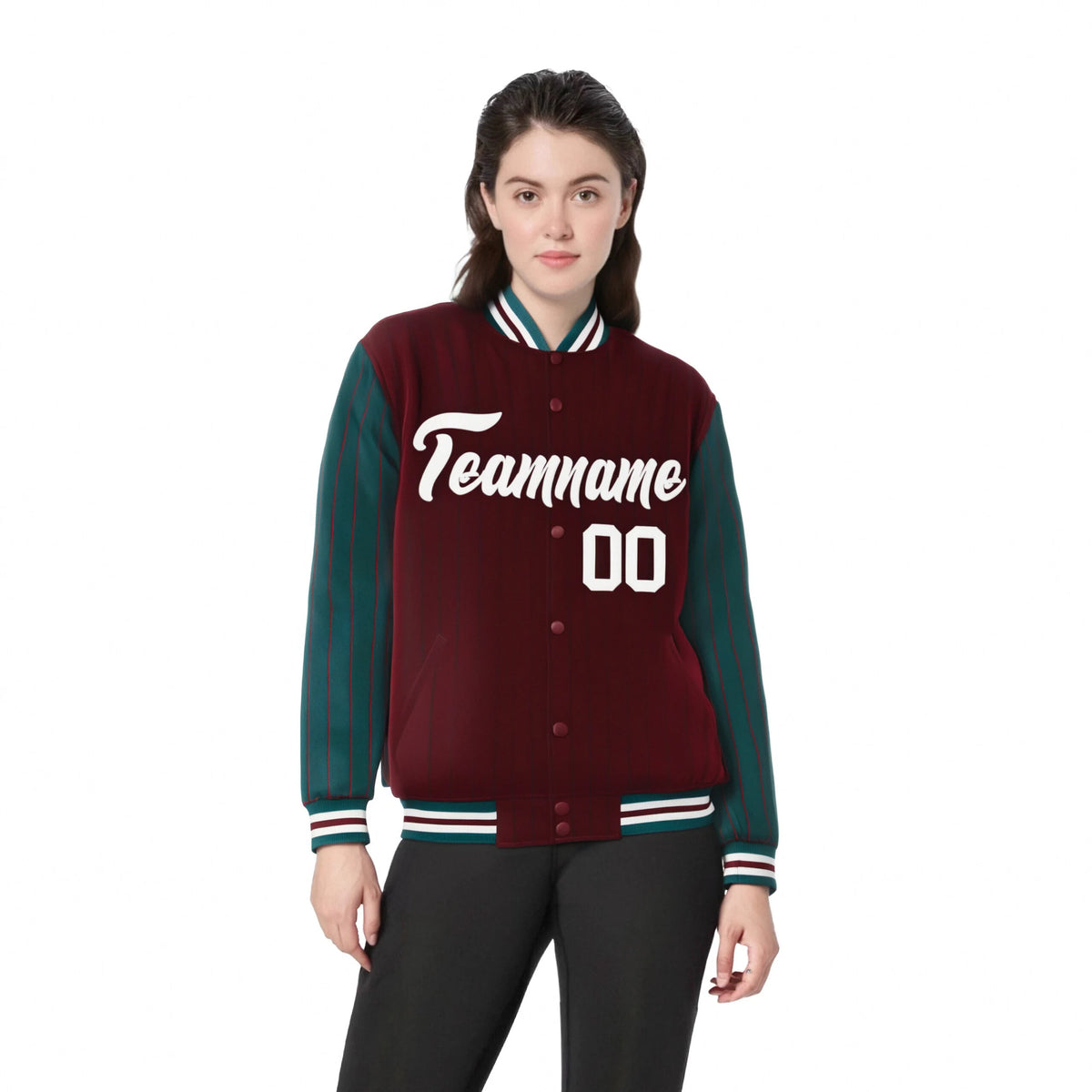Custom Crimson-Green Pinstripe White Bomber Full-Snap Varsity Letterman Jacket