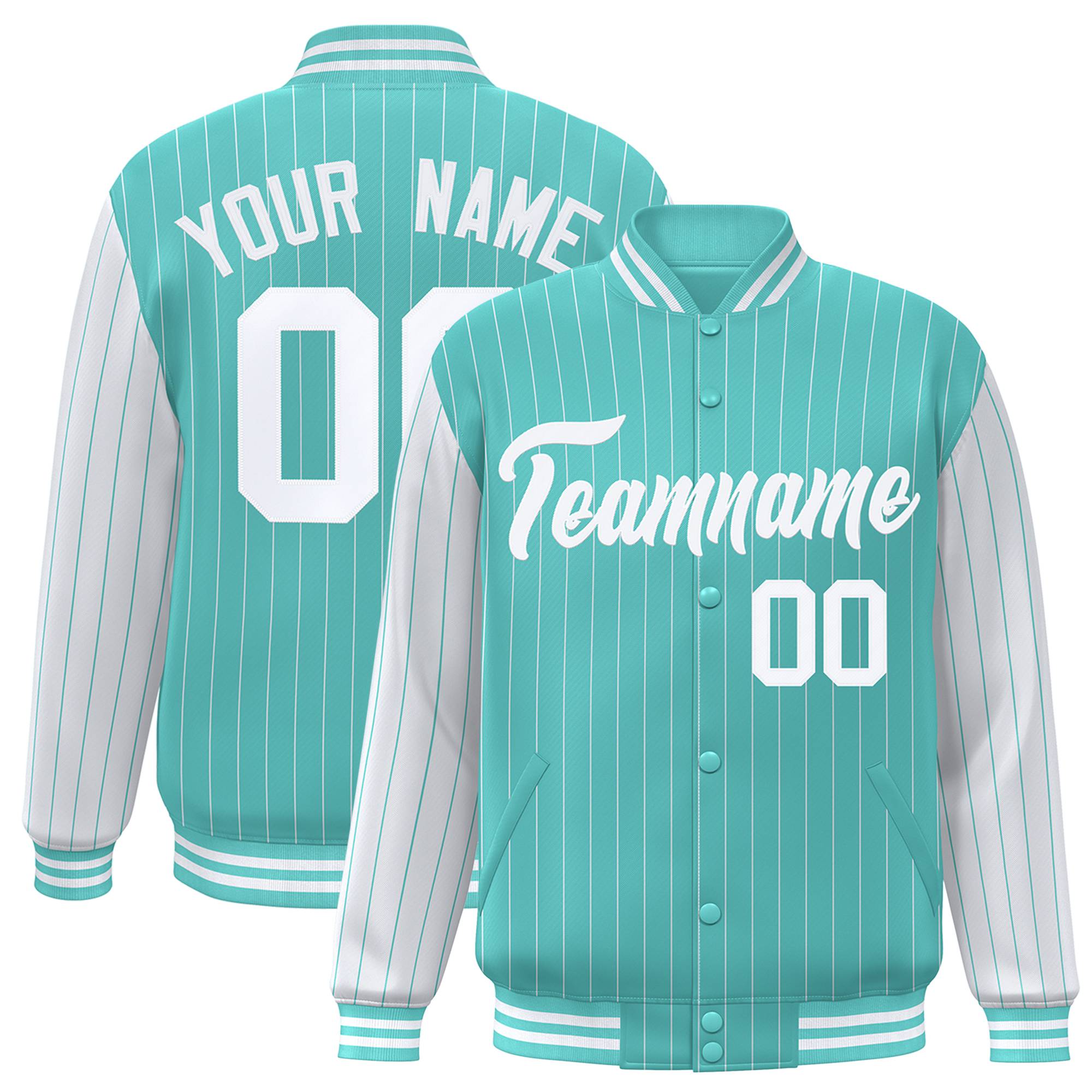 Custom Aqua White Pinstripe White-Aqua Bomber Full-Snap Varsity Letterman Jacket