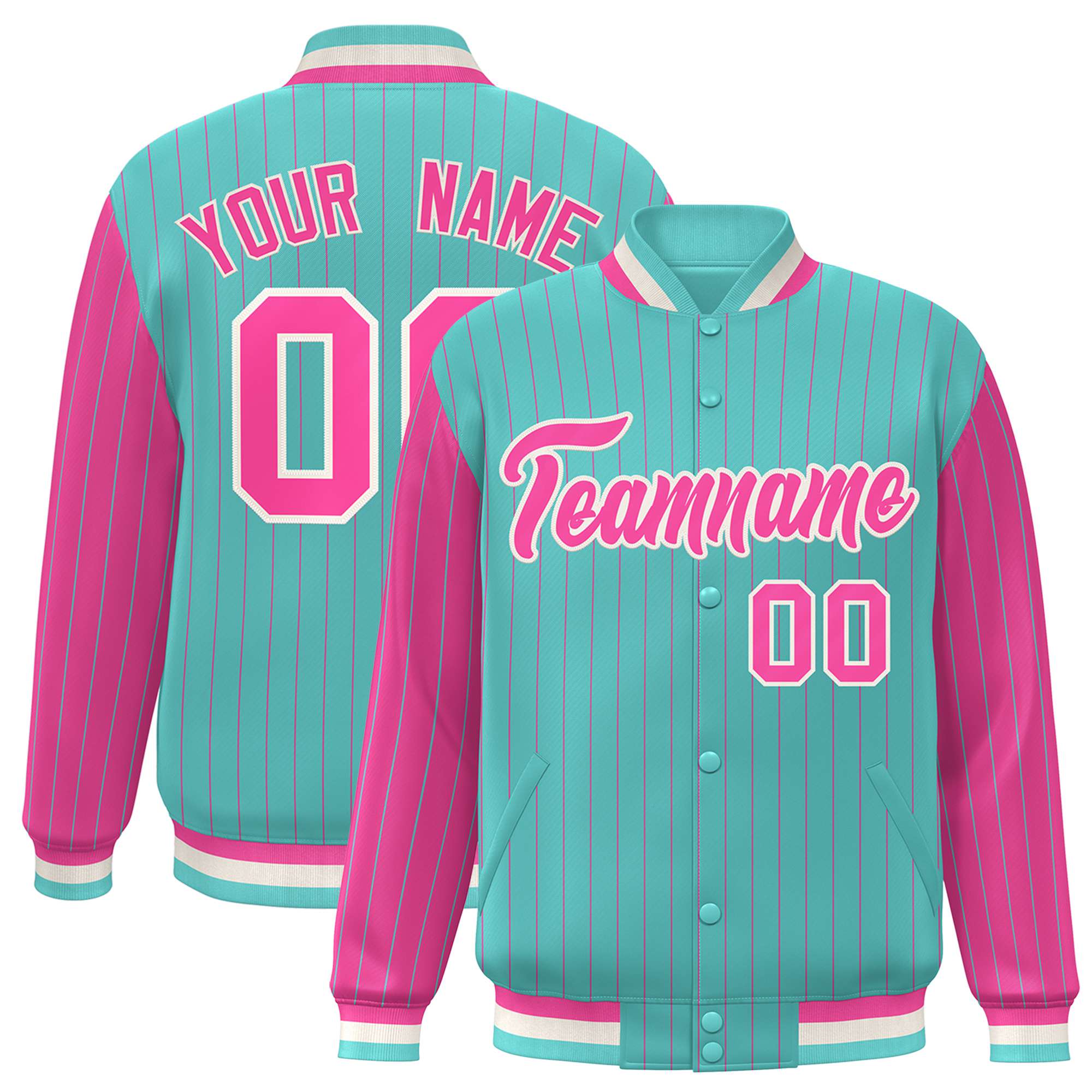 Custom Aqua Pink Pinstripe White-Pink Bomber Full-Snap Varsity Letterman Jacket