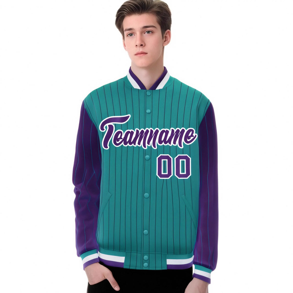 Custom Aqua Purple Pinstripe White-Purple Bomber Full-Snap Varsity Letterman Jacket