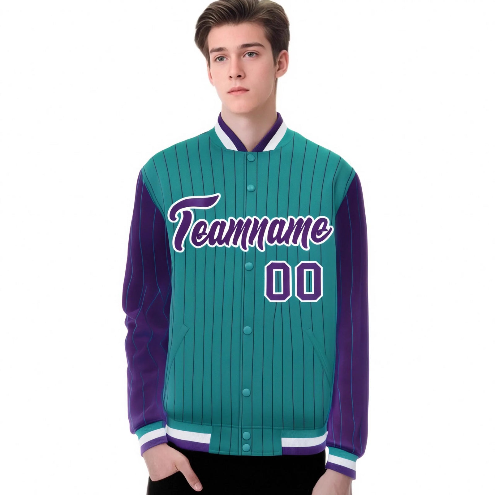 Custom Aqua Purple Pinstripe White-Purple Bomber Full-Snap Varsity Letterman Jacket