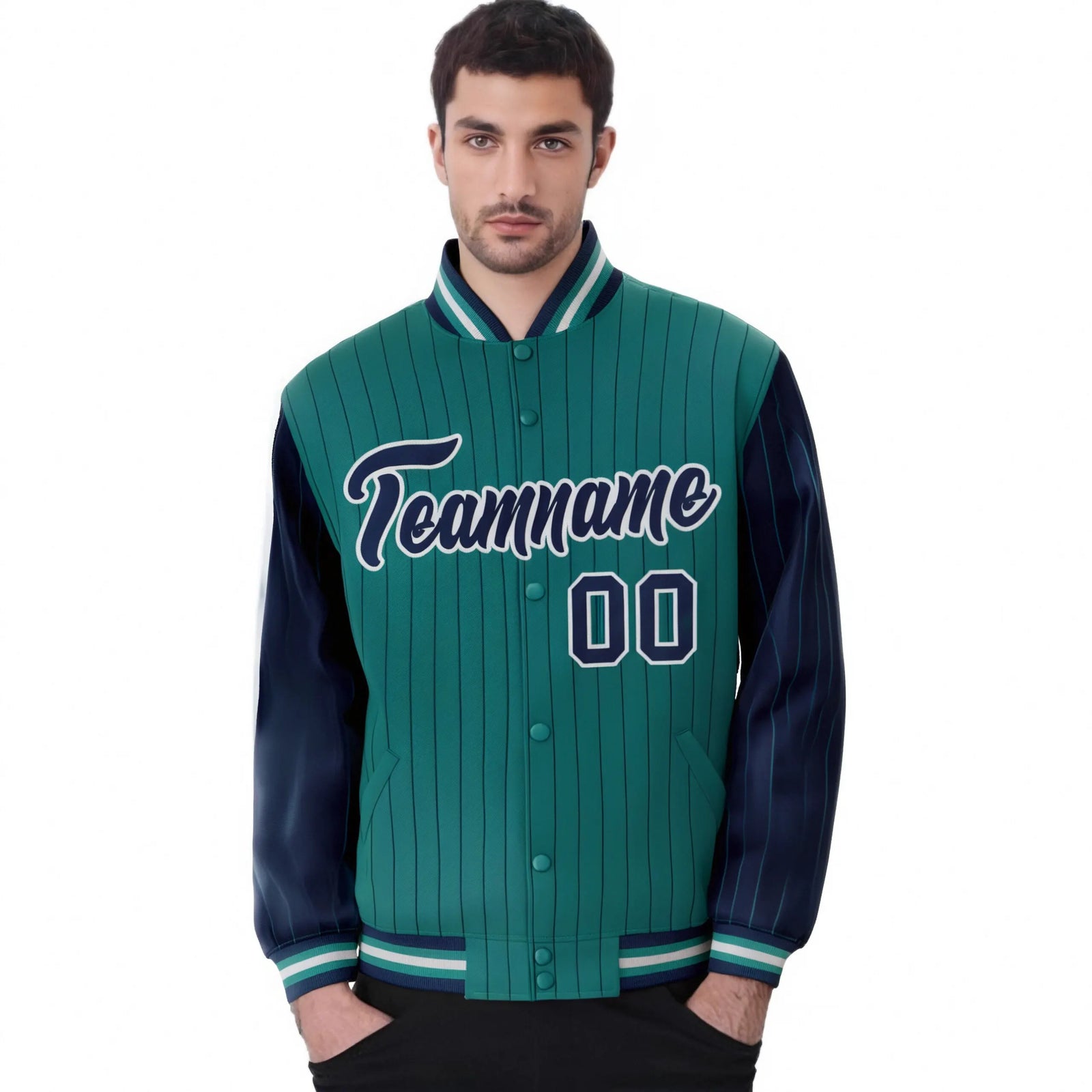 Custom Midnight Green Navy Pinstripe Gray-Navy Bomber Full-Snap Varsity Letterman Jacket