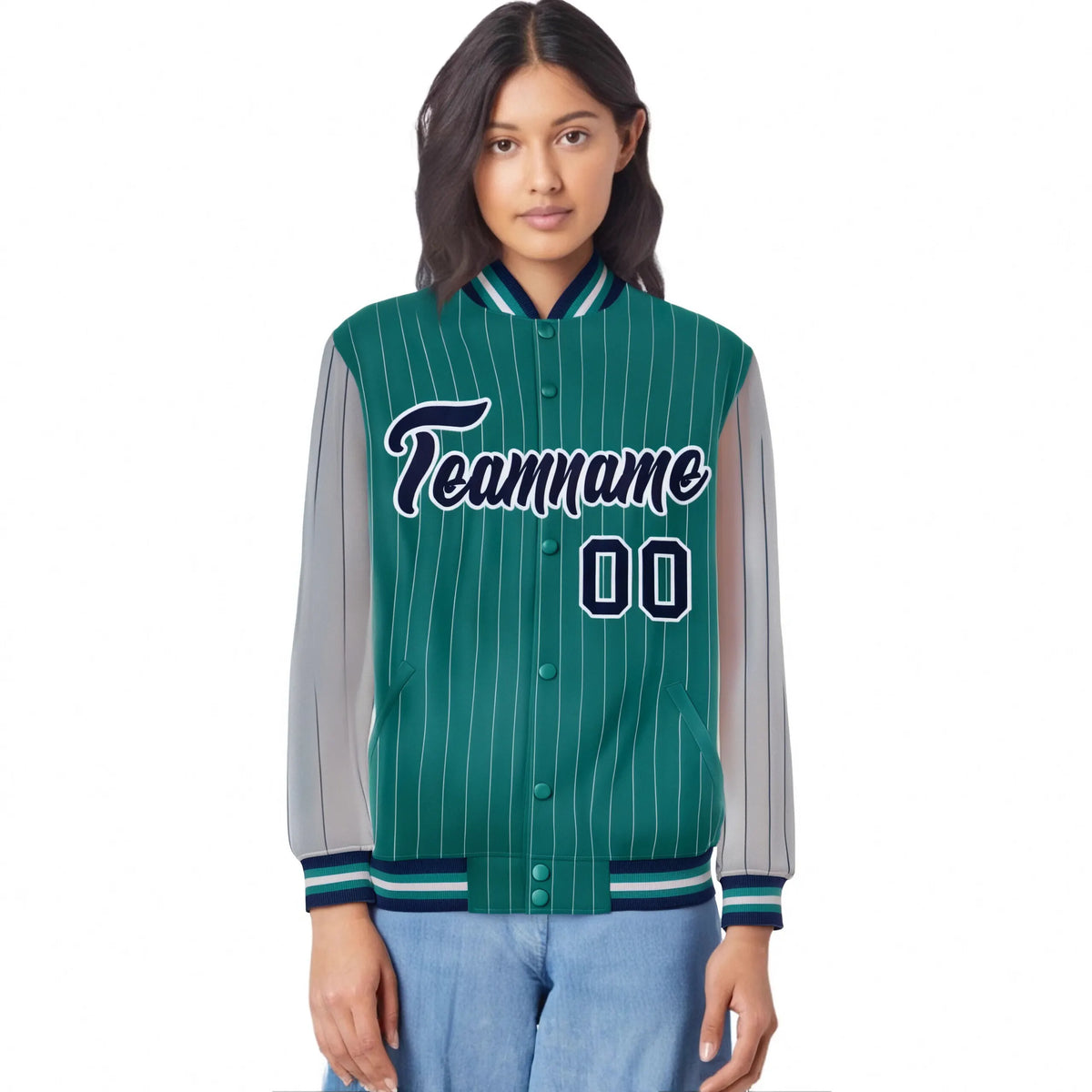 Custom Green Gray Pinstripe Gray-Navy Bomber Full-Snap Varsity Letterman Jacket