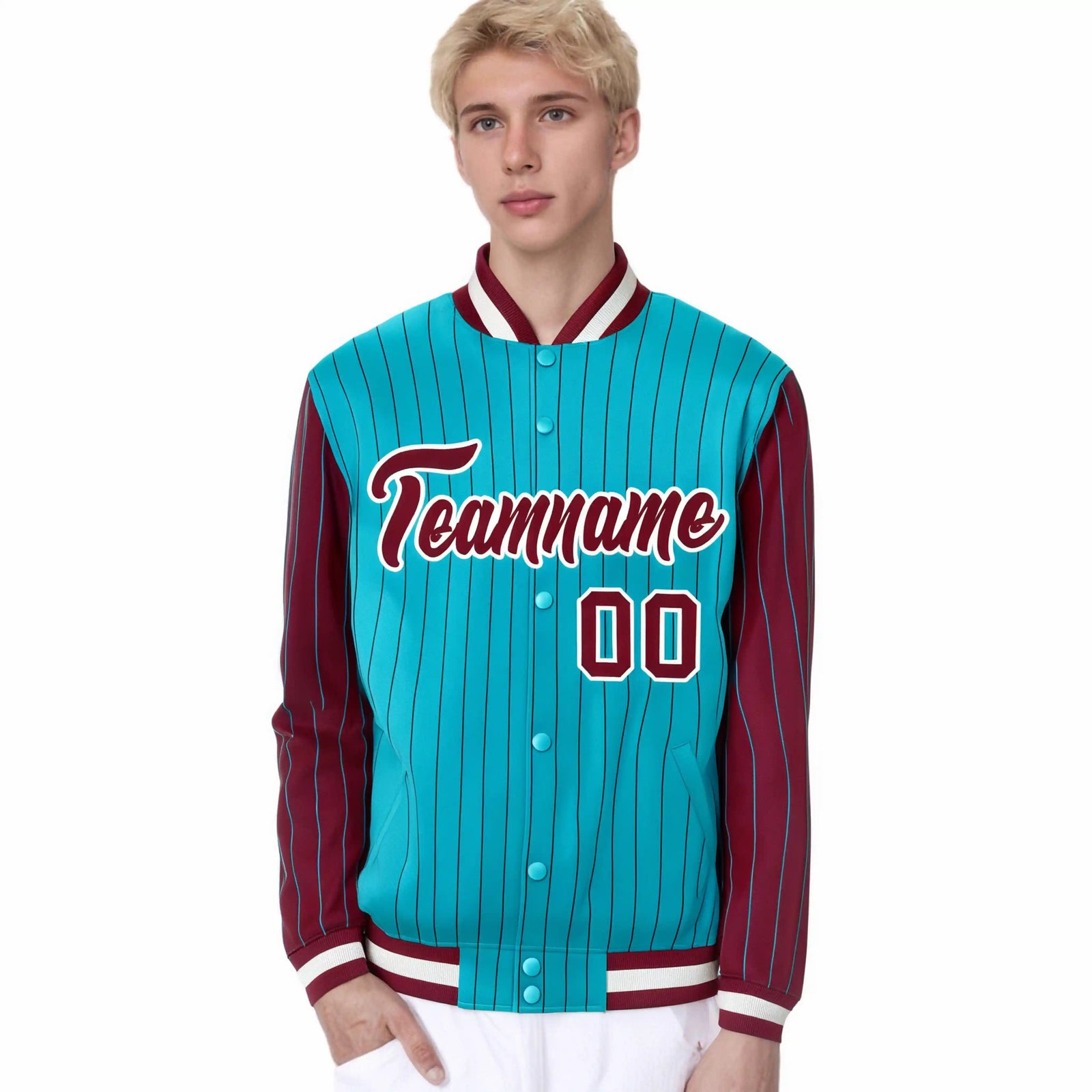 Custom Aqua Crimson Pinstripe White-Crimson Bomber Full-Snap Varsity Letterman Jacket
