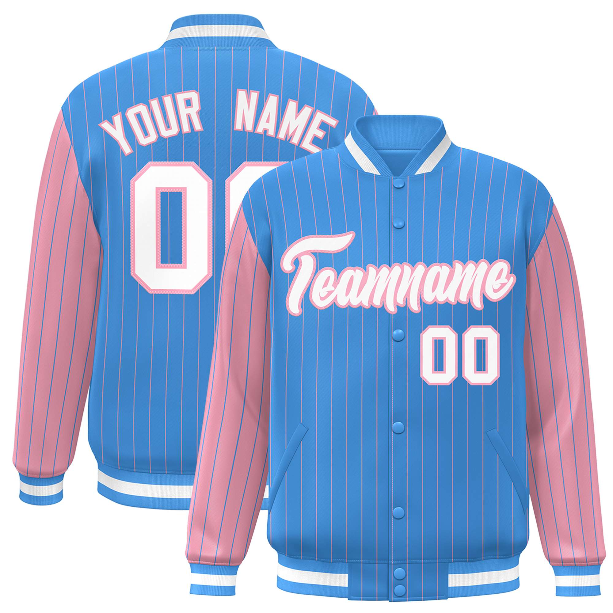 Custom Light Blue Light-Pink Pinstripe White Light-Pink Bomber Full-Snap Varsity Letterman Jacket