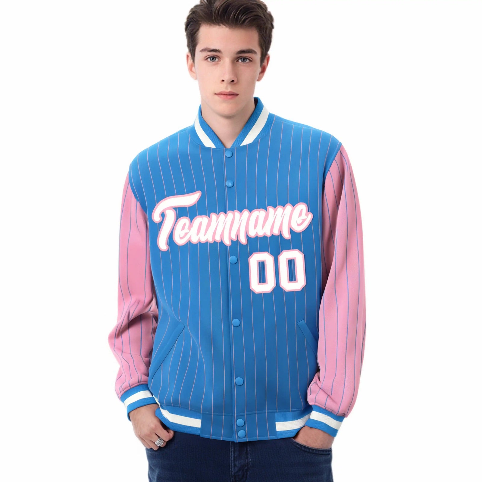 Custom Light Blue Light-Pink Pinstripe White Light-Pink Bomber Full-Snap Varsity Letterman Jacket