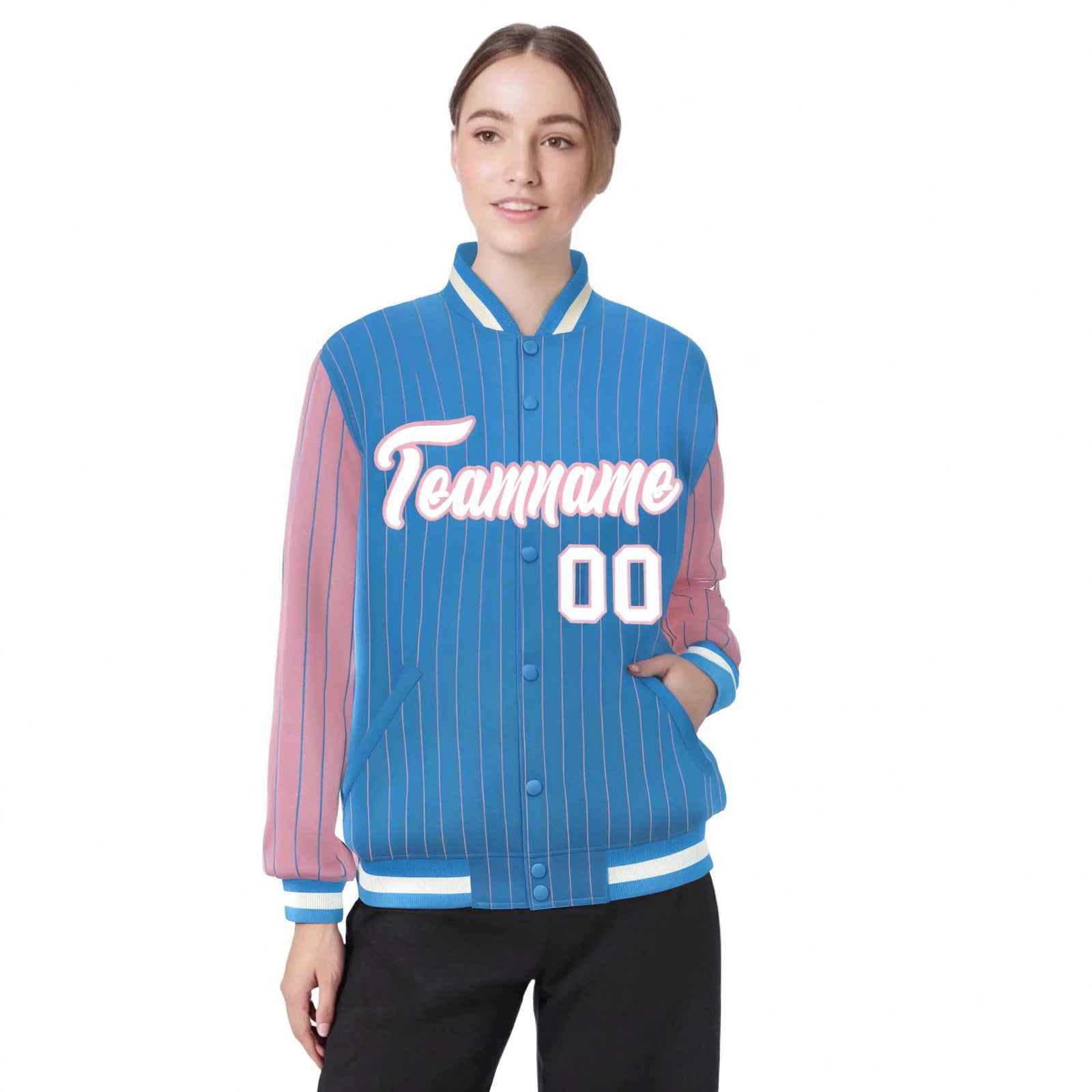 Custom Light Blue Light-Pink Pinstripe White Light-Pink Bomber Full-Snap Varsity Letterman Jacket