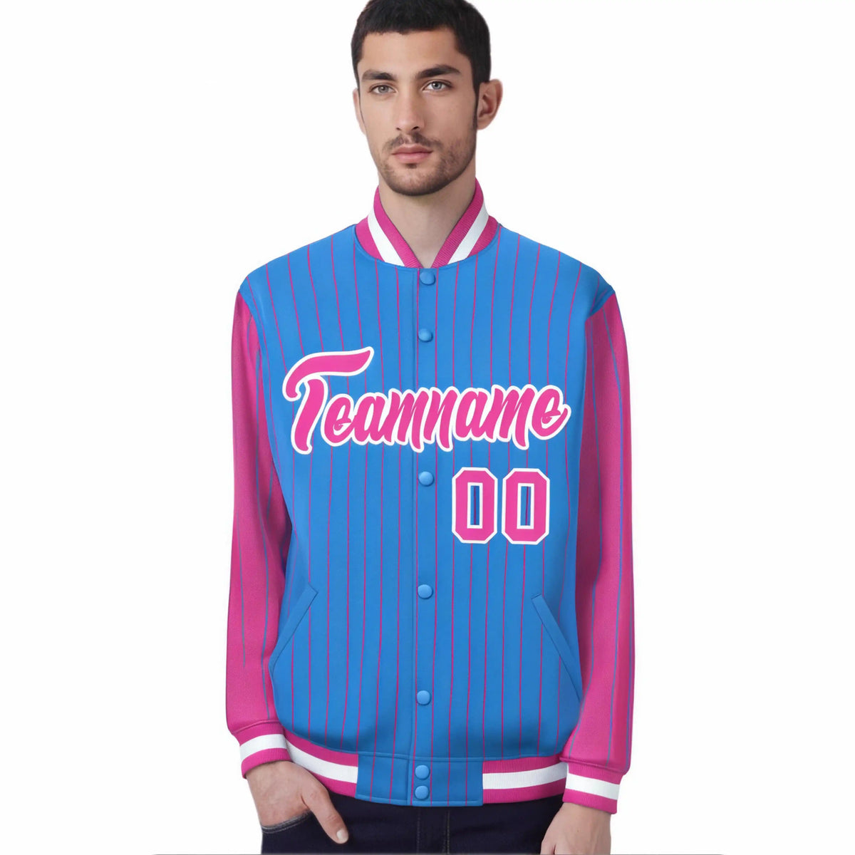 Custom Powder Blue Pink Pinstripe White-Pink Bomber Full-Snap Varsity Letterman Jacket